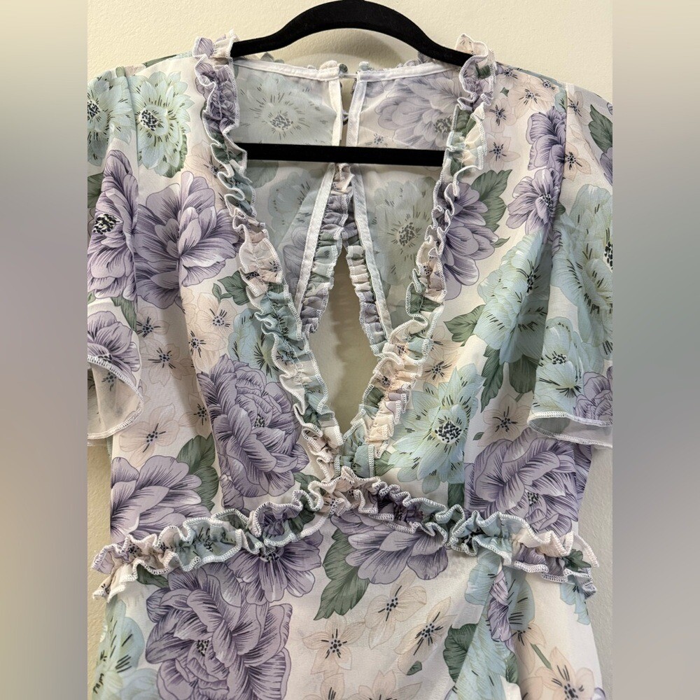 Saints + Secrets Floral Ruffle Open Back Mini Dress – S