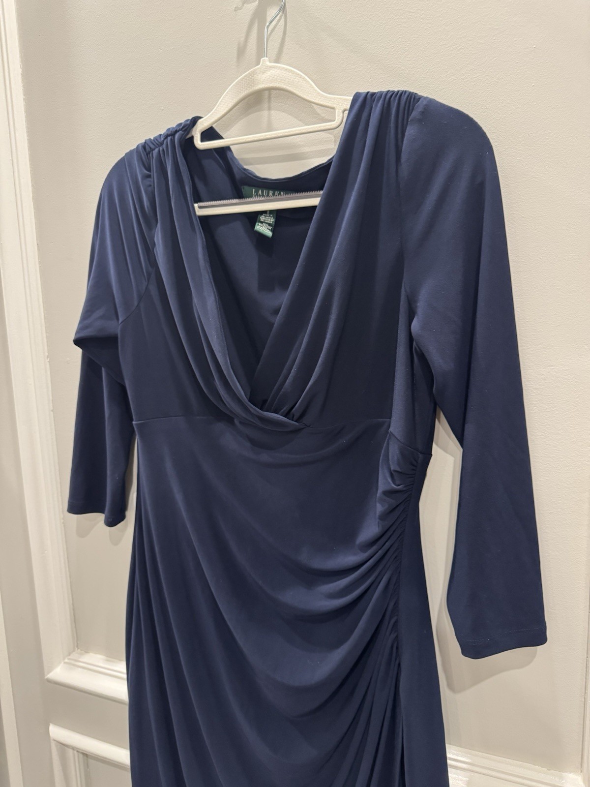 Lauren Ralph Lauren Navy Blue Wrap Ruched Cocktail Sheath Dress Drape Neck 8