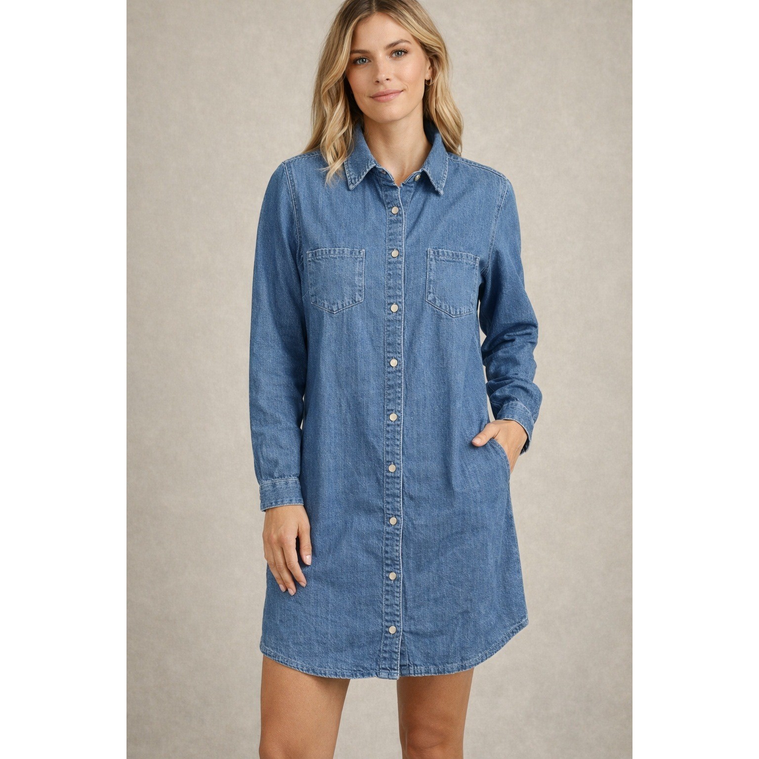 New Mavi Womens Small Denim Shirt Dress Button Front Long Sleeve Pockets Blue