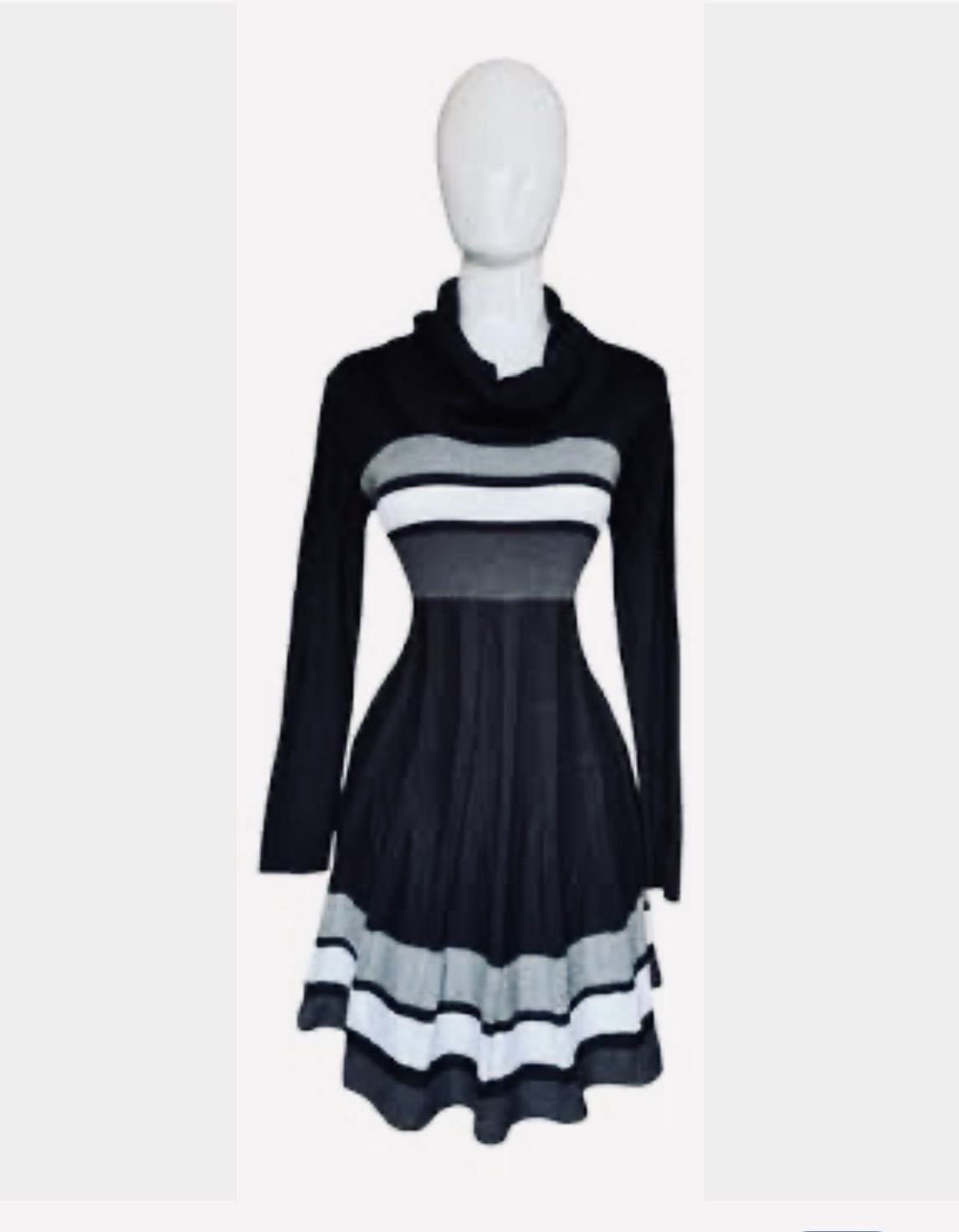Calvin Klein Fit & Flare Dress Black Gray White Striped Cowl Neck L