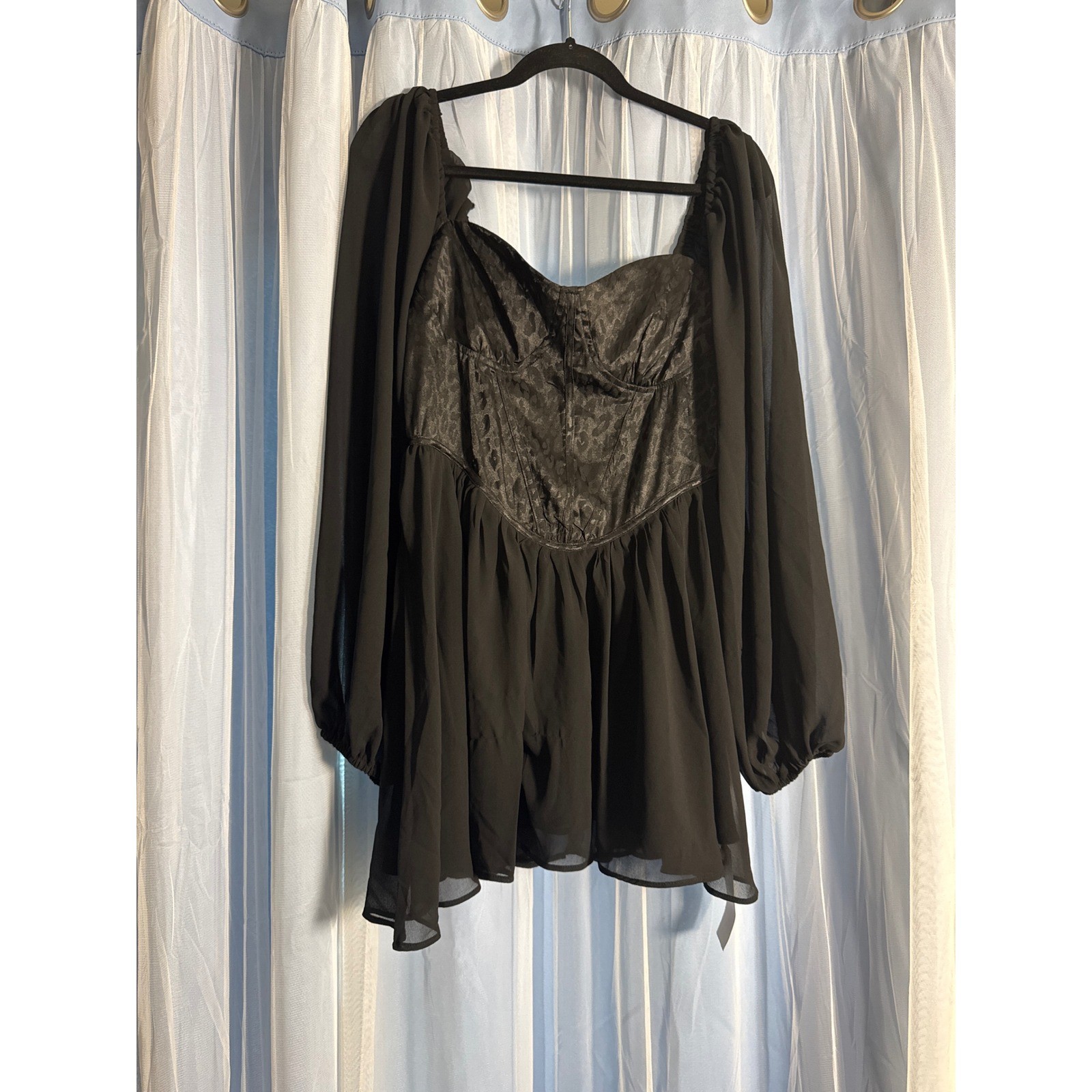 D&M Corset Babydoll Dress Womens XL Black New Leopard Jacquard Chiffon Mini