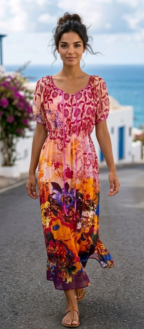 Vinrs Dress Maxi Floral Sheer Lined Tie Sleeves Neckline Boho Cottagecore Size M
