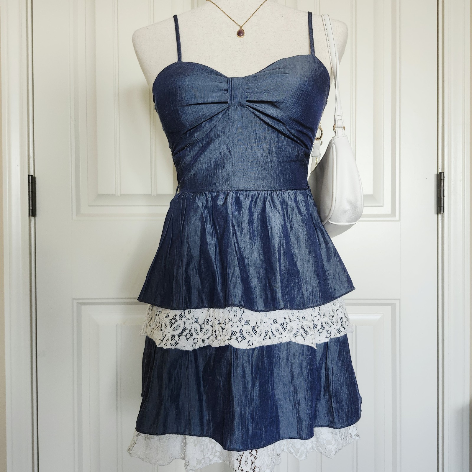 rue21 Blue Faux Denim Ruffled Lace Trim Mini Dress Size S