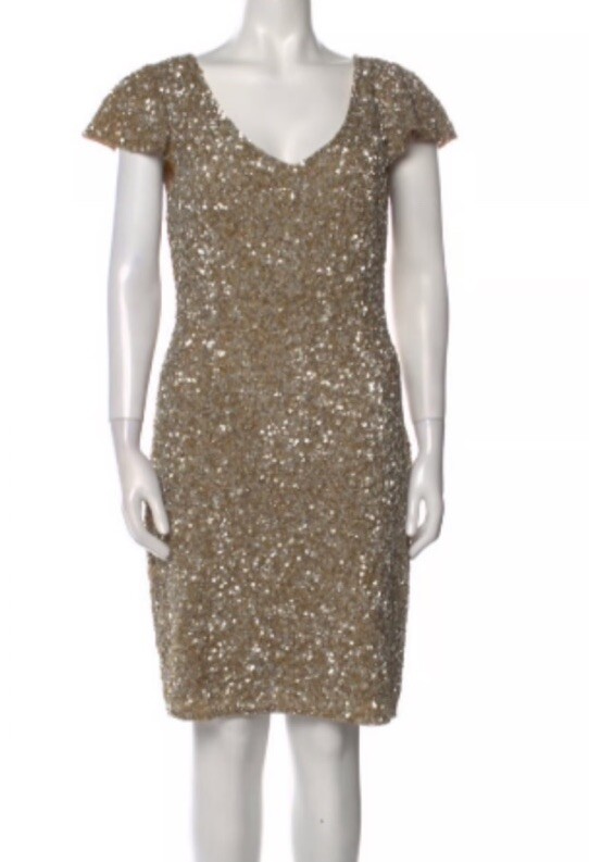 NWT Theia Gold Sequin Flutter Sleeve Shift Dress Metallic & Neutrals Sz 16
