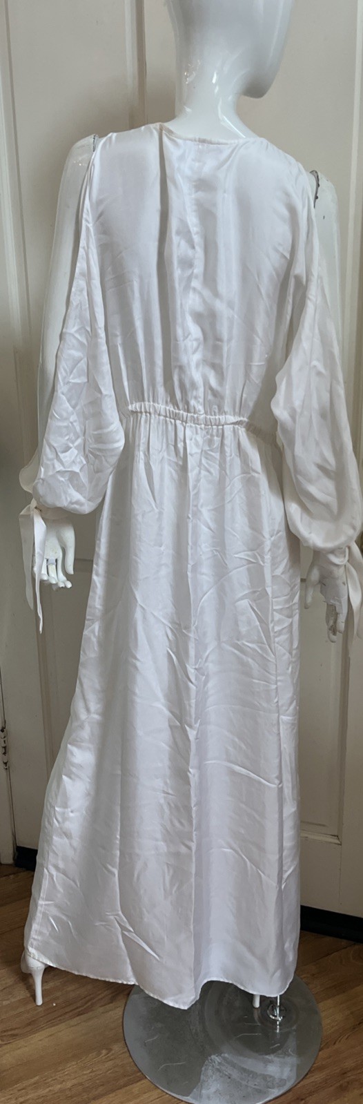 TUNICA STOLA NEW! White Flowy Silky Open/Tied Balloon Sleeve Maxi Dress O/S