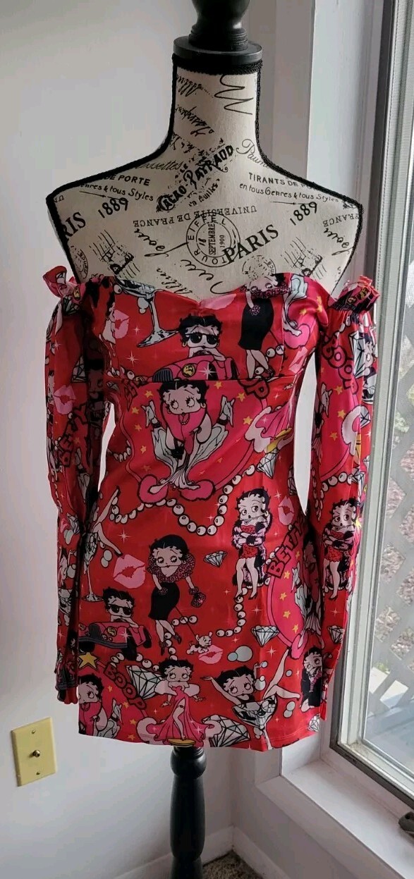 Dolls Kill & Betty Boop Lover Catch A Kitten Off Shoulder Satin Dress Medium