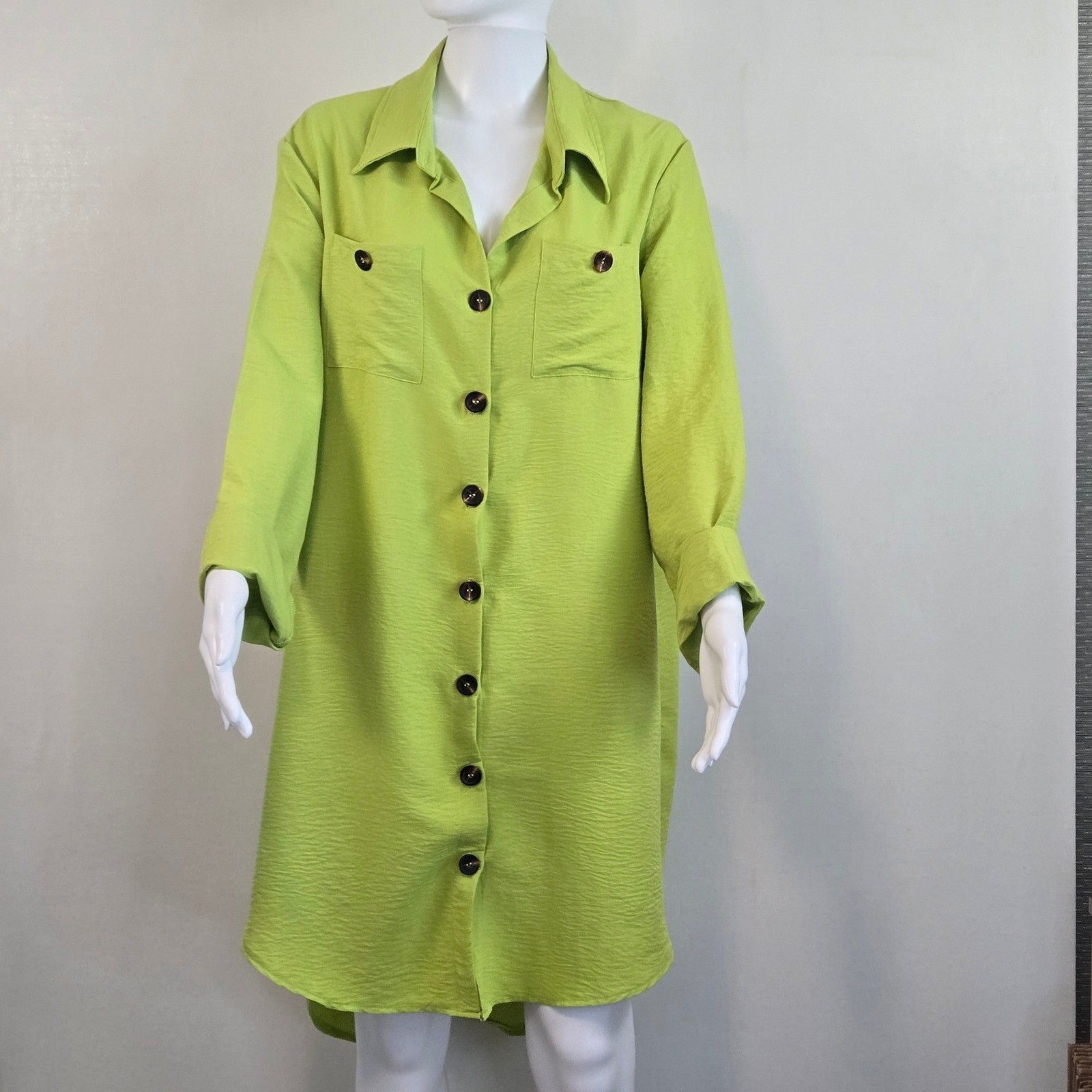 Lime Green Textured Button Down Shirt Dress High Low Tunic Long Sleeve – New