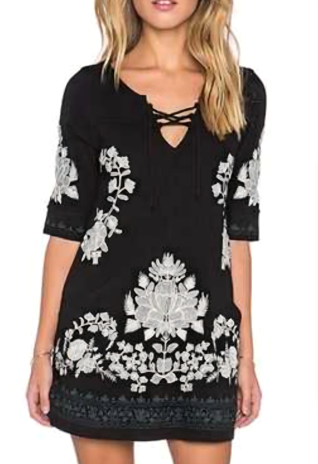 Free People Embroidered Mini Dress Black White Short Sleeve S 10 12 Casual Party