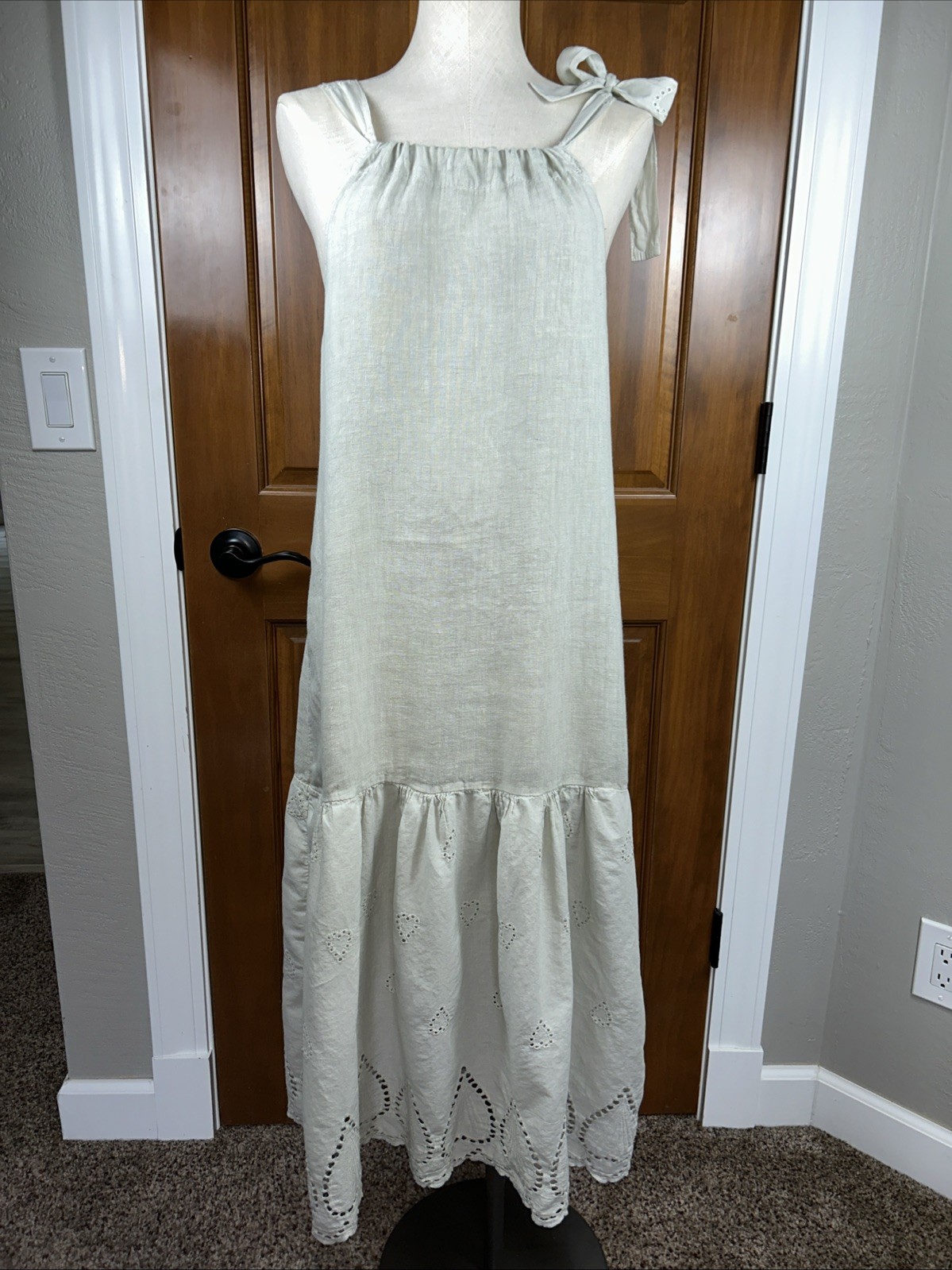 Valentina Naldi Sage 100% Linen Crochet Trim Tiered Relaxed Fit Midi Dress M