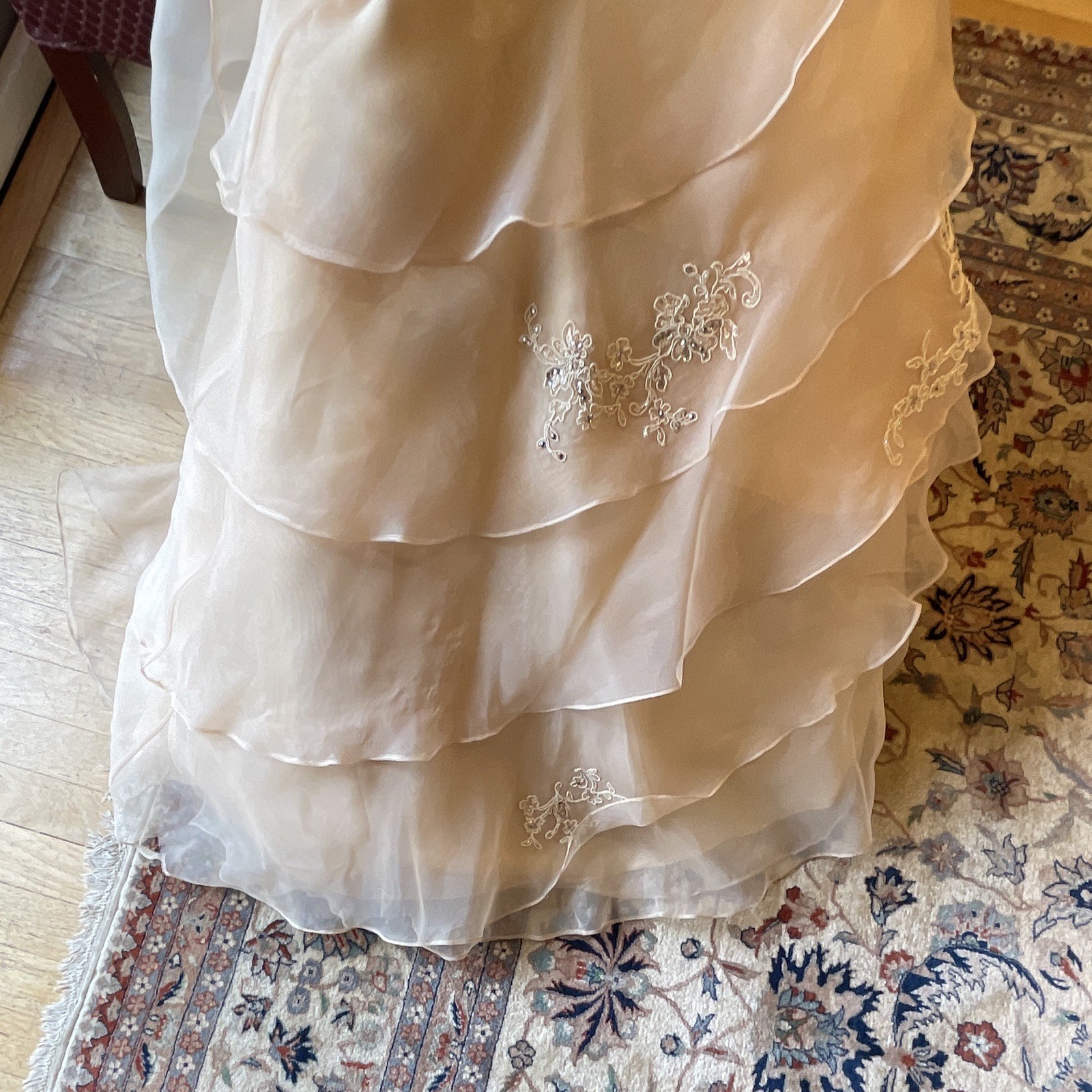 Jovani Champagne Long Formal Gown Sweetheart Ruched Beaded Ruffle Size 14