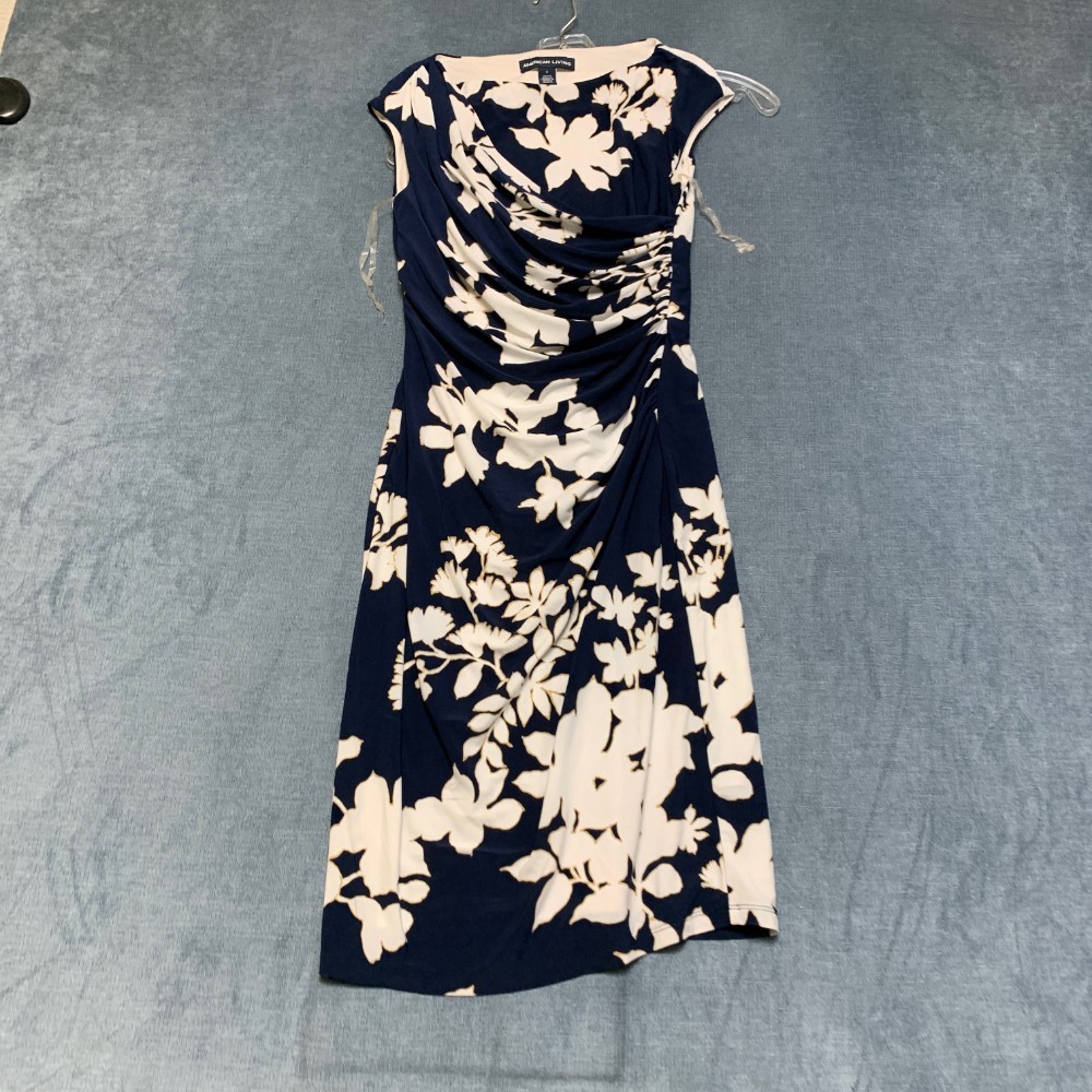 American Living Sheath Dress Womens 2 Navy Blue White Floral Ruched Sleeveless
