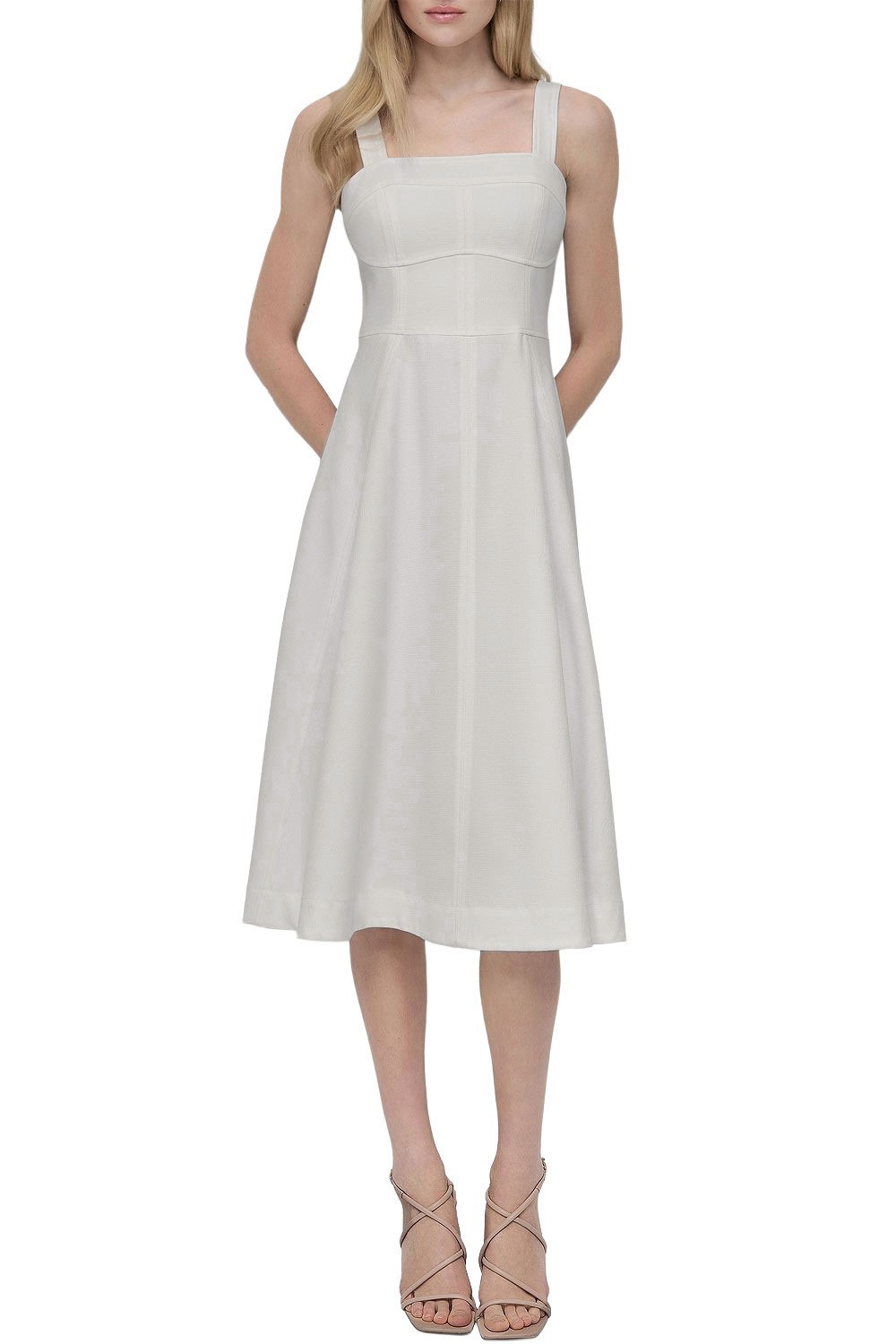 DKNY Womens Square-Neck Sleeveless Midi Dress 12 Ivory – NWT