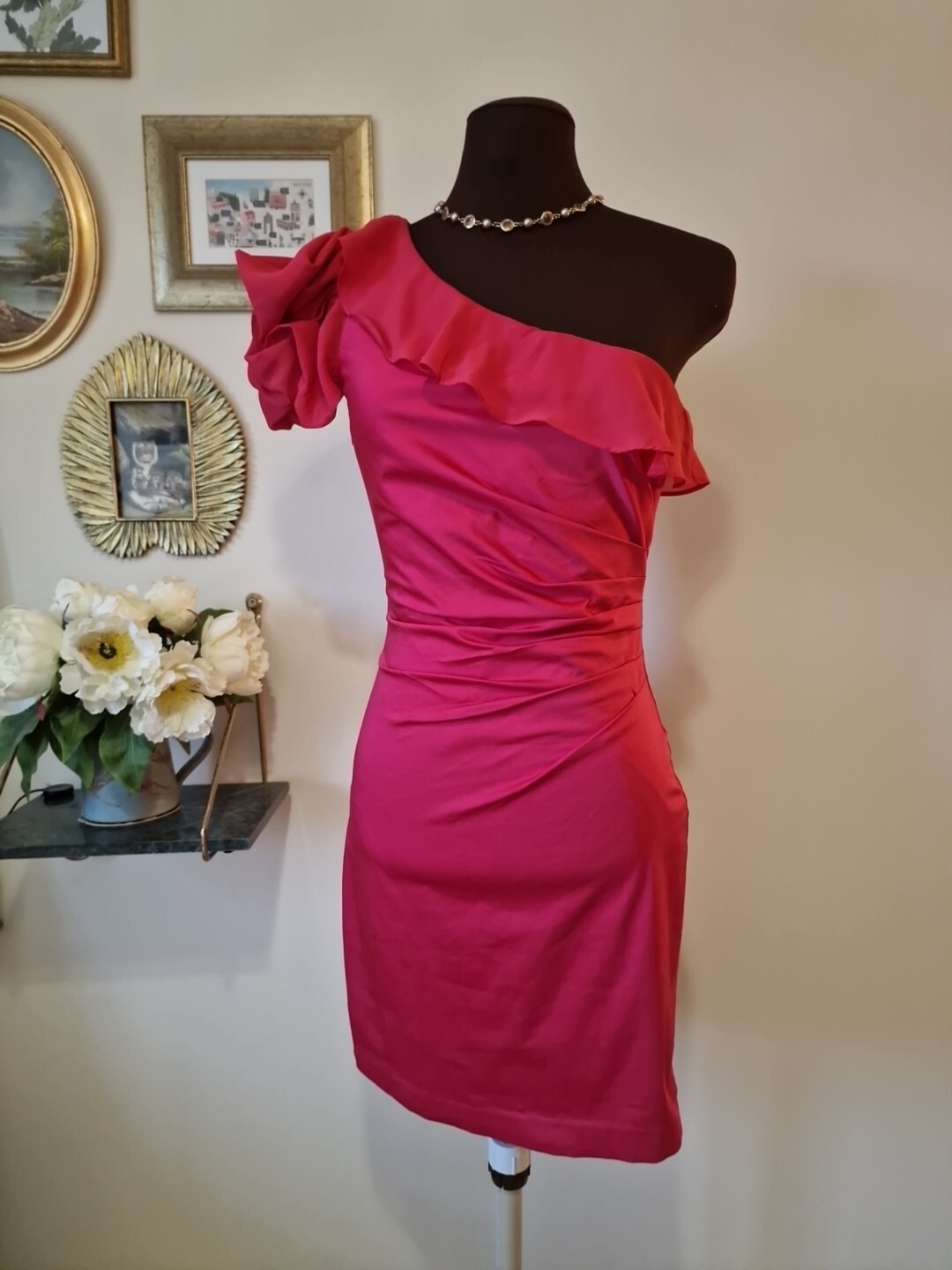 OASIS | UK 8 | One Shoulder Pink “Barbie” Dress | Ruffle Detail | Belle By Oasis