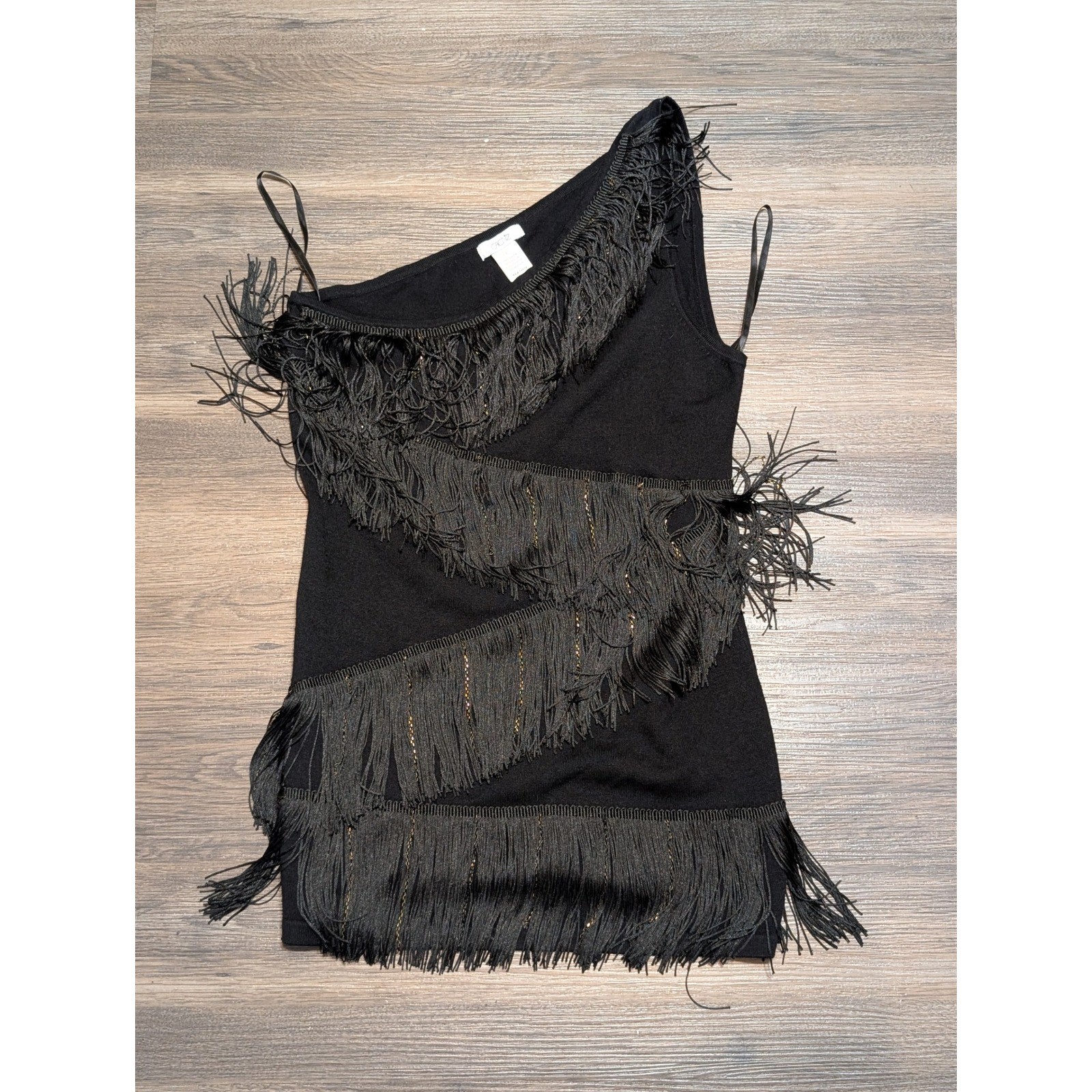 Cache Black One Shoulder Tiered Fringe Knit Party Dress Large L RN 74578
