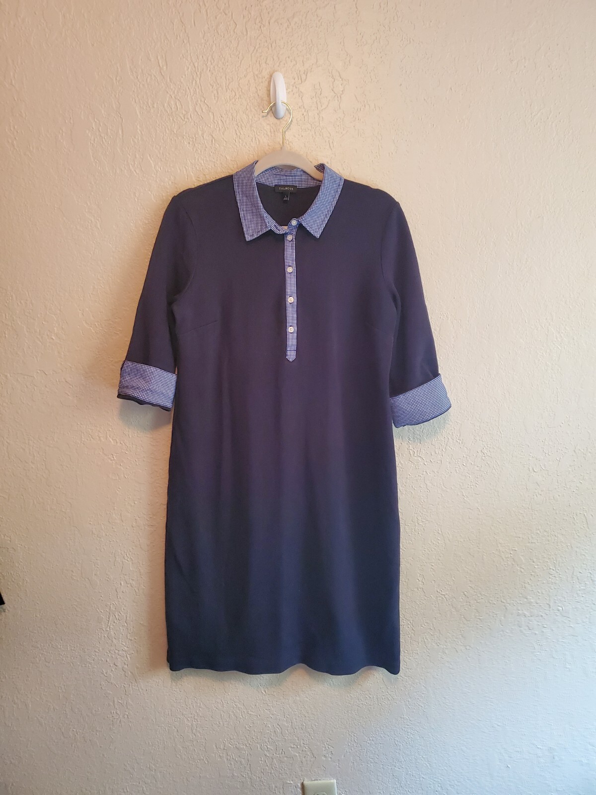 Talbots Preppy Shift Cotton Stretch Dress Navy Plaid Collar & Cuffs Sz Large