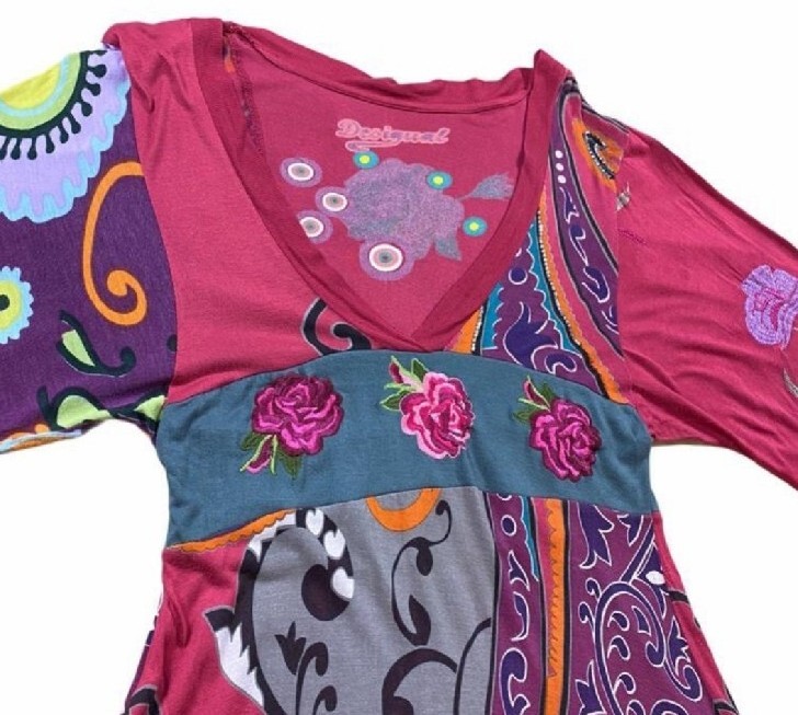 Desigual Size A-Line Plunge Batwing Vintage Gypsy Boho Hippy Midi Dress M/L