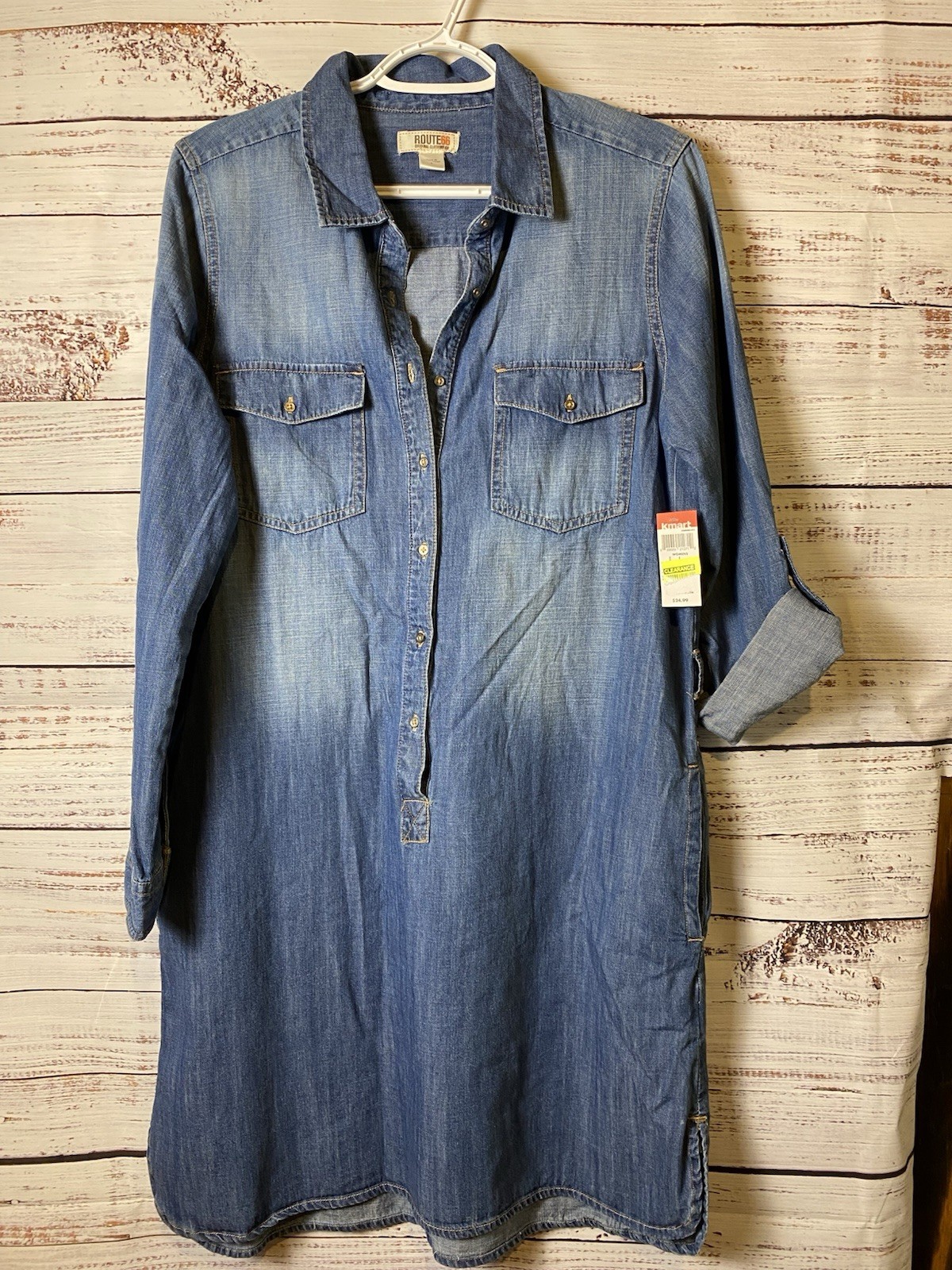 Route 66 Blue Denim Shirt Dress M Long Sleeve Collared Pockets Knee Length