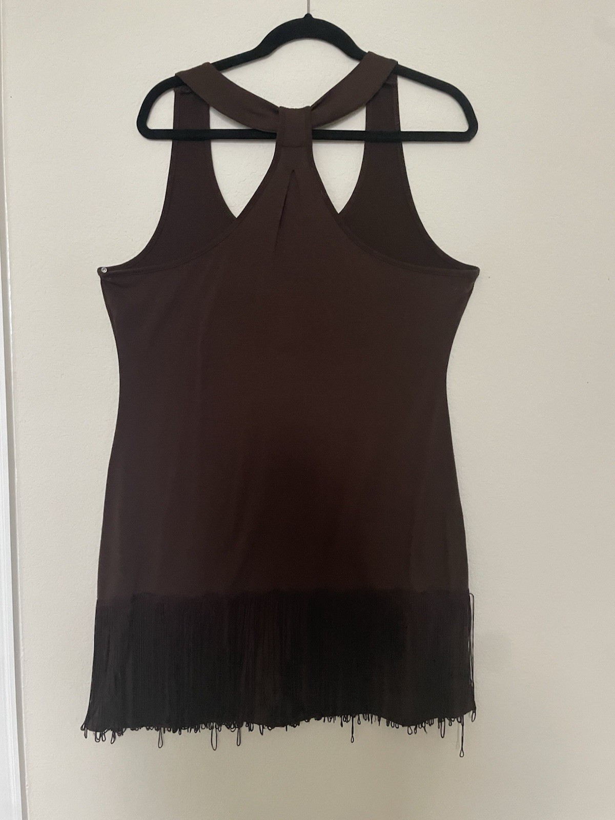 Dots Brown Fringe Dress Large Aztec Geometric Gold Rhinestone Studded Boho
