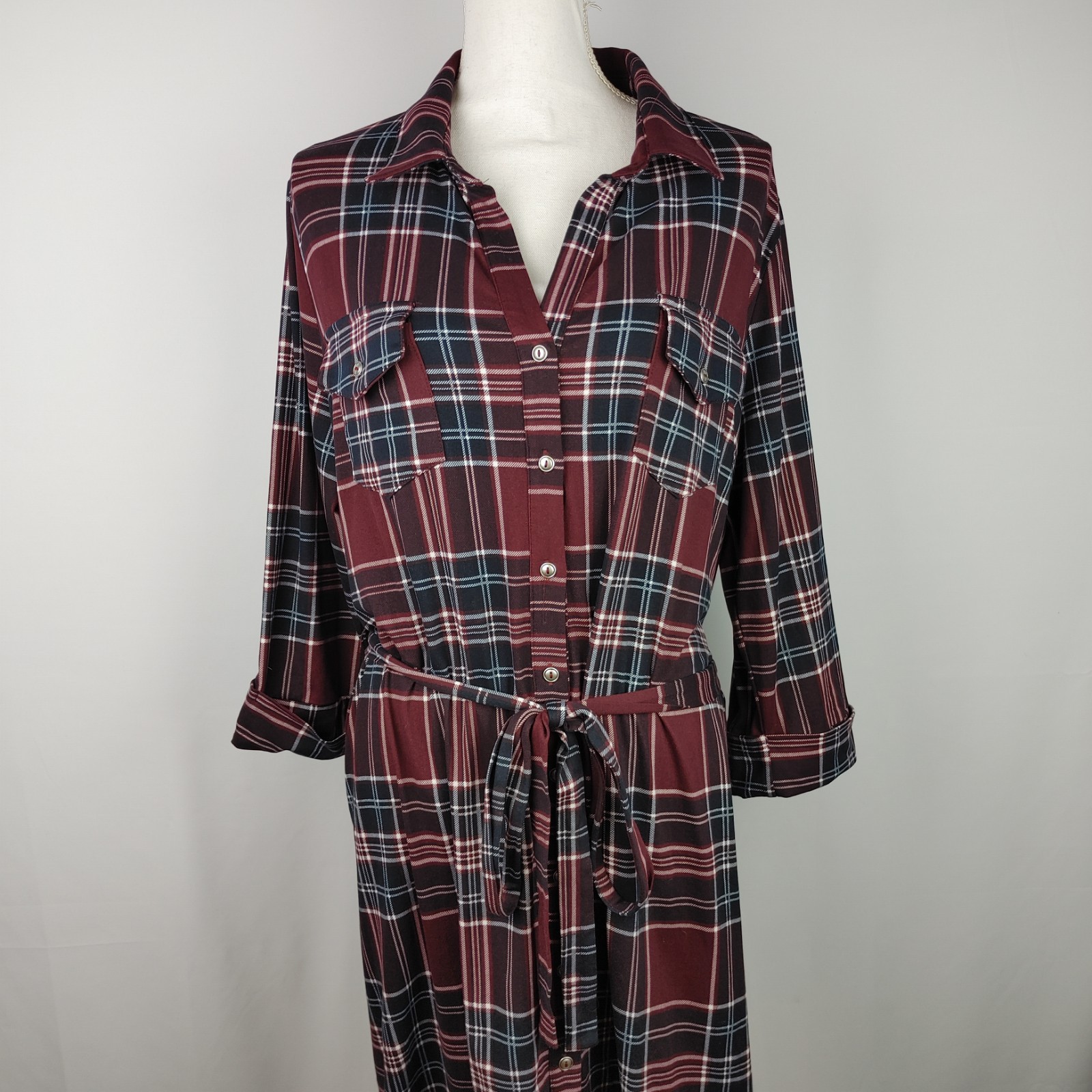 Papermoon Women’s Flannel 2X Button Up Belted Shirt Dress Chest Pockets