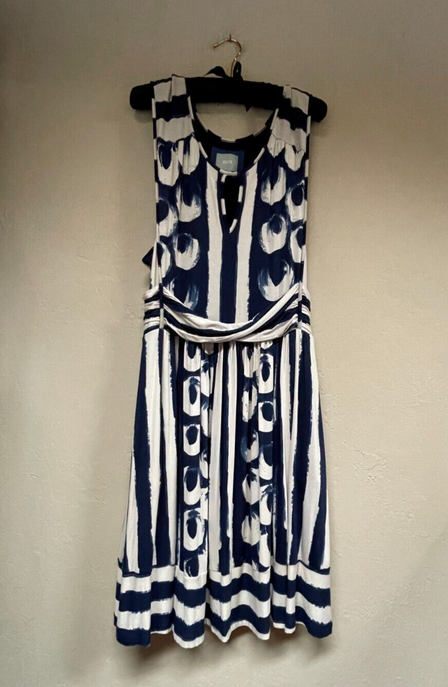 Maeve Womens Keyhole Neck Stripe A-Line Belted Dress Size Large Blue Sleeveless