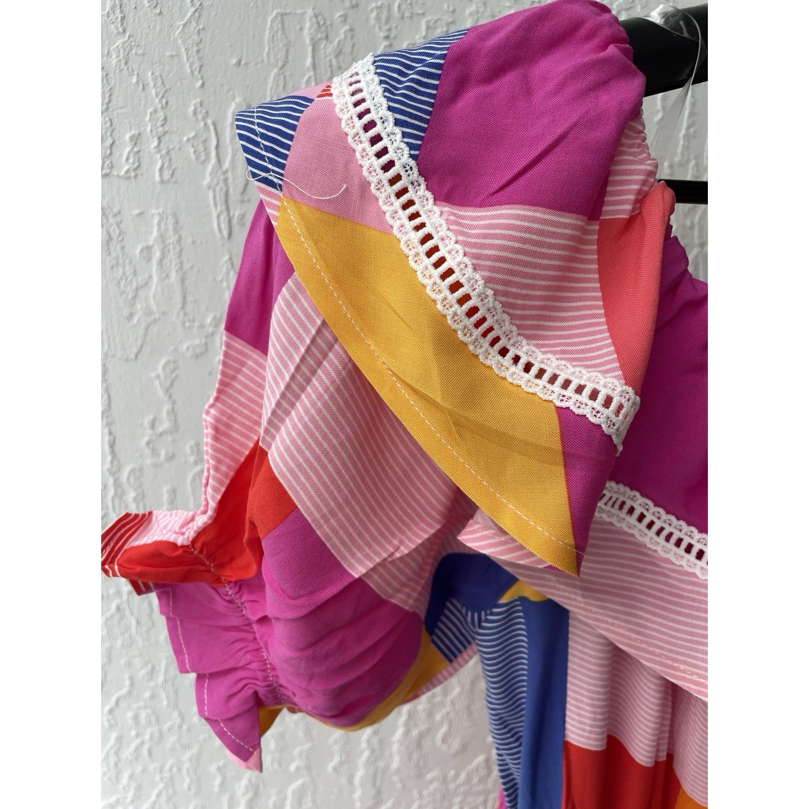 Emily Wonder Womens Multicolor Patchwork Off Shoulder Ruffle Mini Dress NWT M