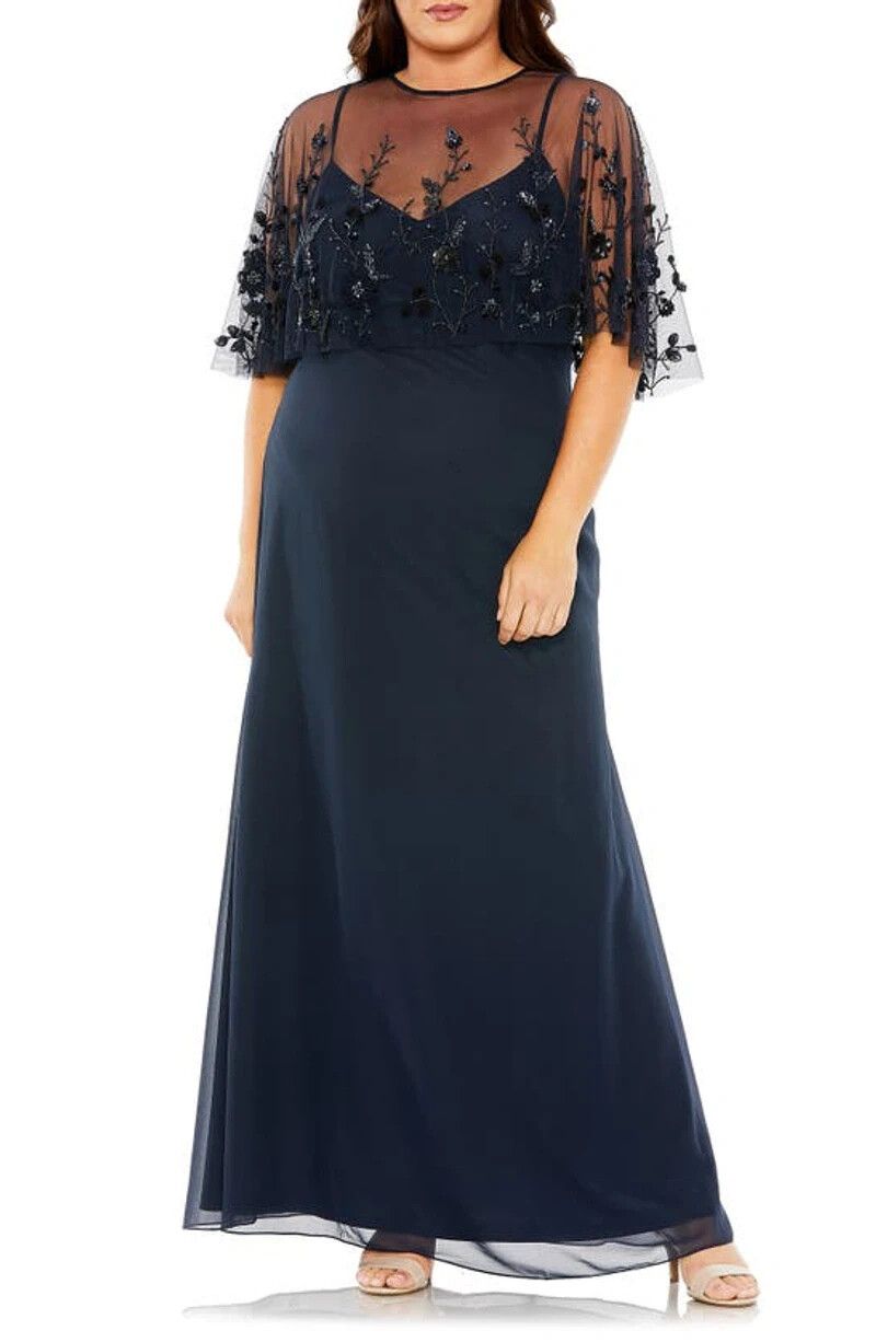 Mac Duggal Midnight Blue Beaded Mesh Overlay Gown Size 20w $498
