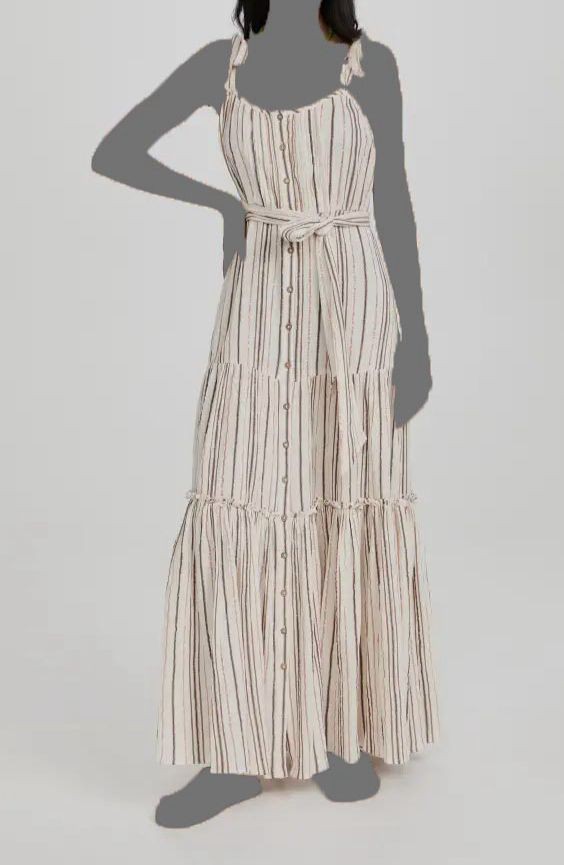 $398 Veronica Beard Women’s White Metallic Striped Self-Tie Maxi Dress Size XL
