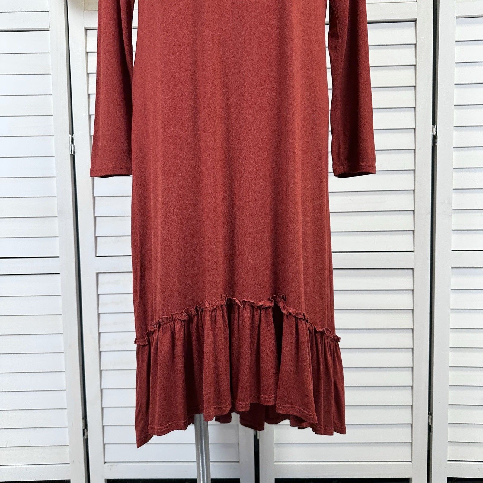 New Stevie Hender Brick Red Tiered Maxi Dress Long Sleeve Stretch Knit Size L