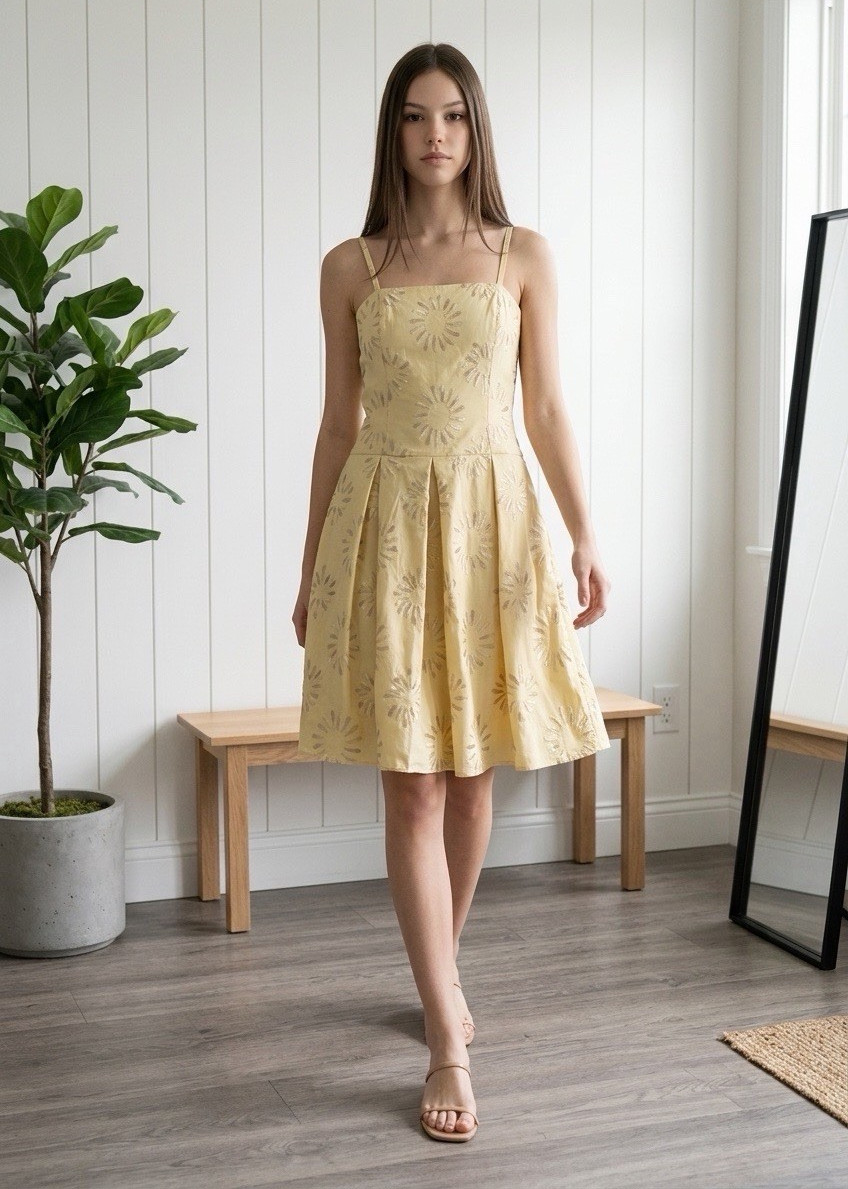 Chetta B Women’s Yellow Floral Spaghetti Strap Square Neck Dress 8 Pleated