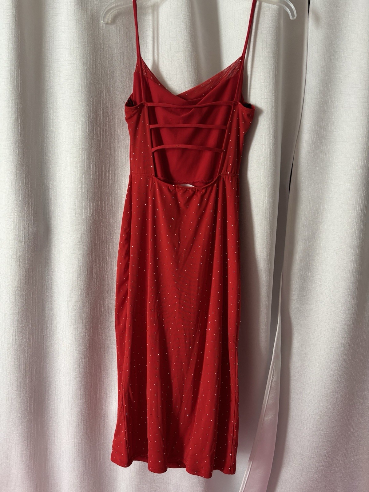 Women’s Red Glitter Mesh Cowl Neck Backless Spaghetti Strap Slip Midi S