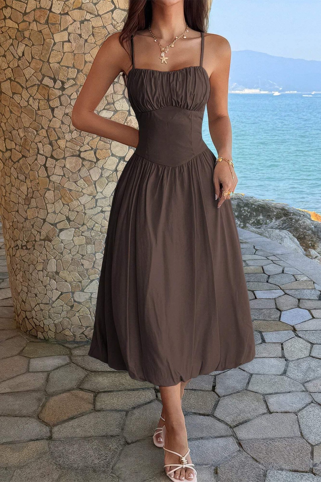 Women’s Square Neck Sleeveless Ruched Bust A-Line Midi Dress Open Back