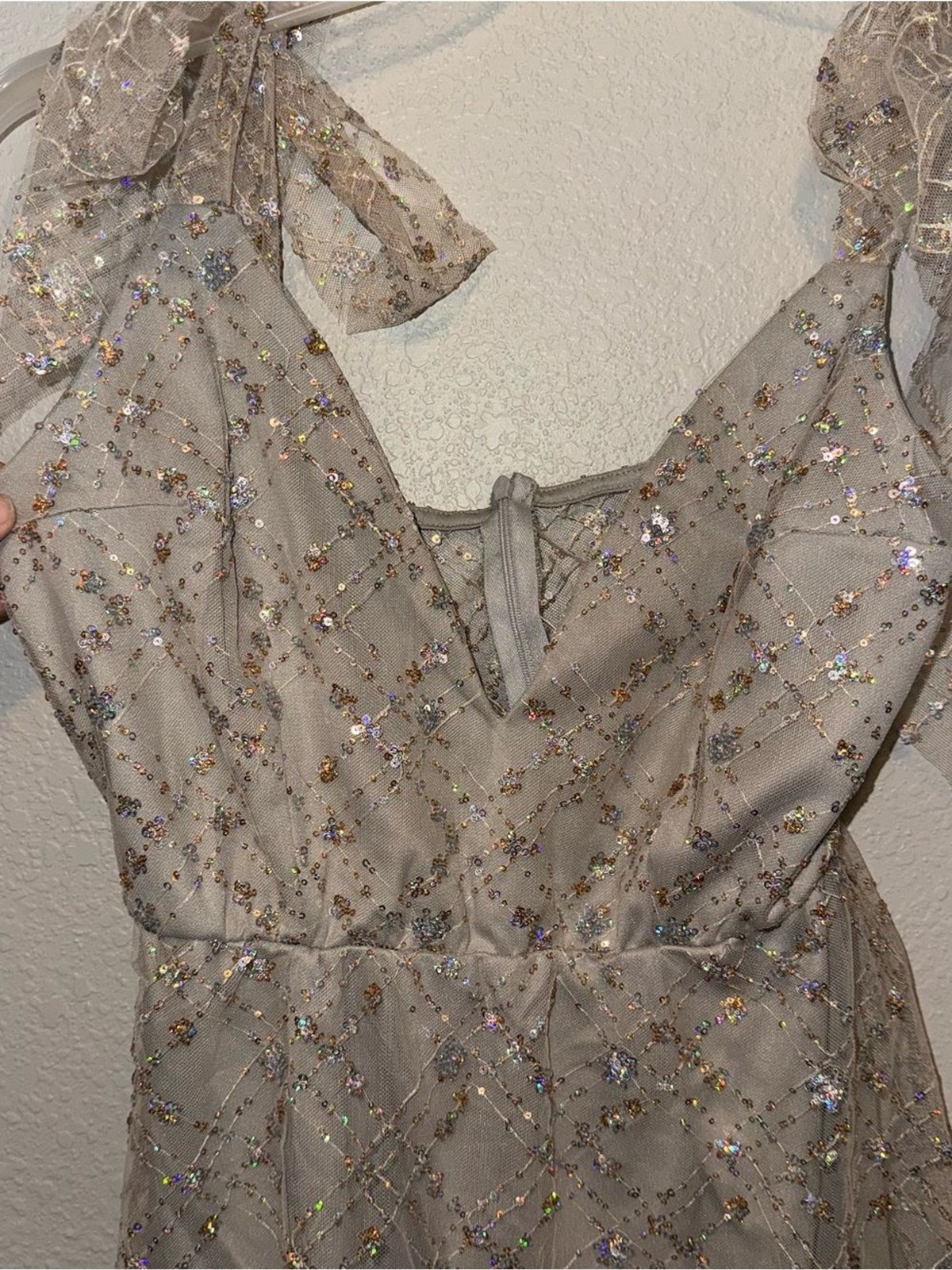 Lucy in the Sky Sequin Tulle Bow Strap A-Line Mini Dress Size L Party Cocktail