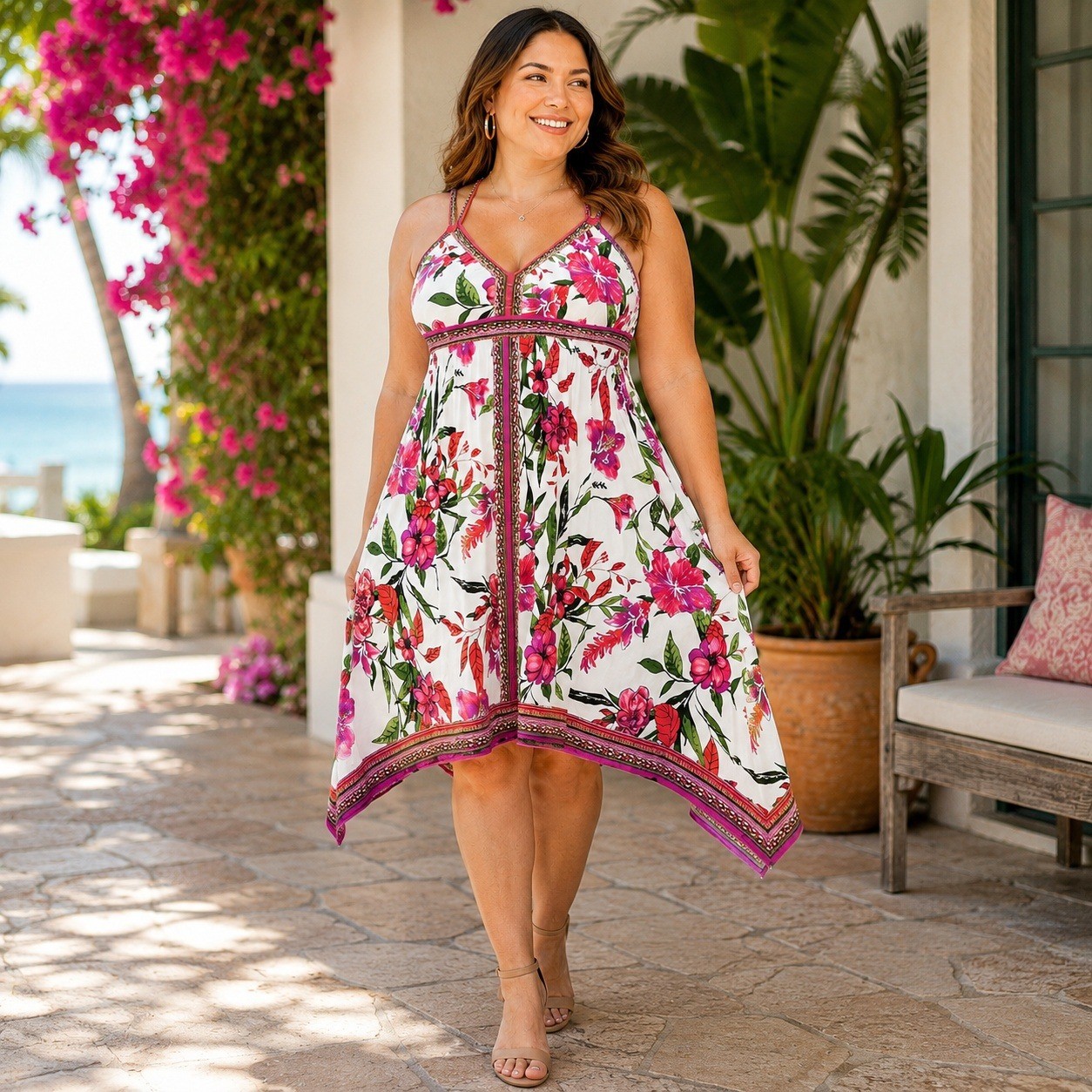 INC International Concepts Petite XL Tropical Floral Handkerchief Hem Dress Pink