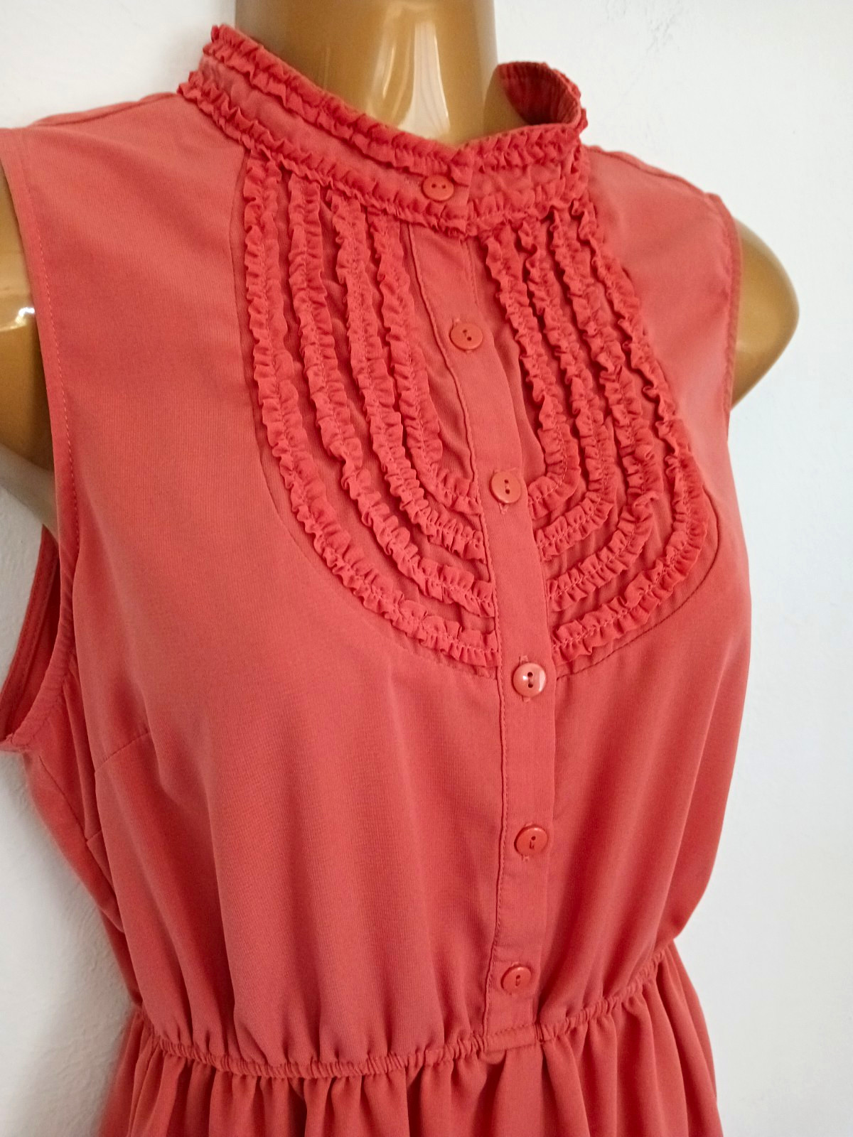 FOREVER 21 Pink Solid Chiffon Sleeveless High Neck Ruffle A-Line Dress M