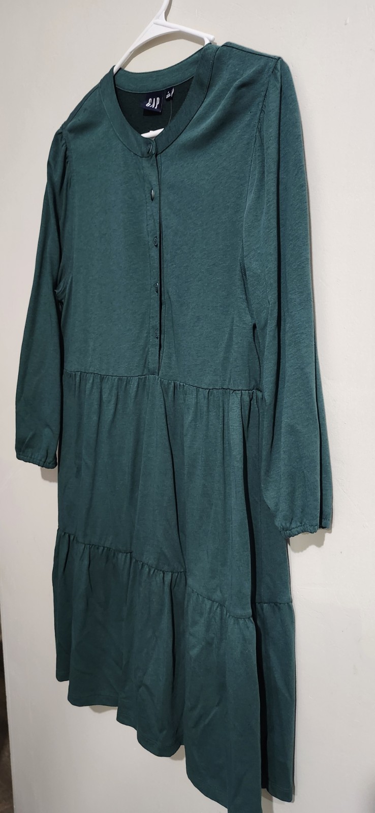 GAP Green Knit Button Tiered A-Line Dress Long Sleeve L Knee Length 60% Cotton