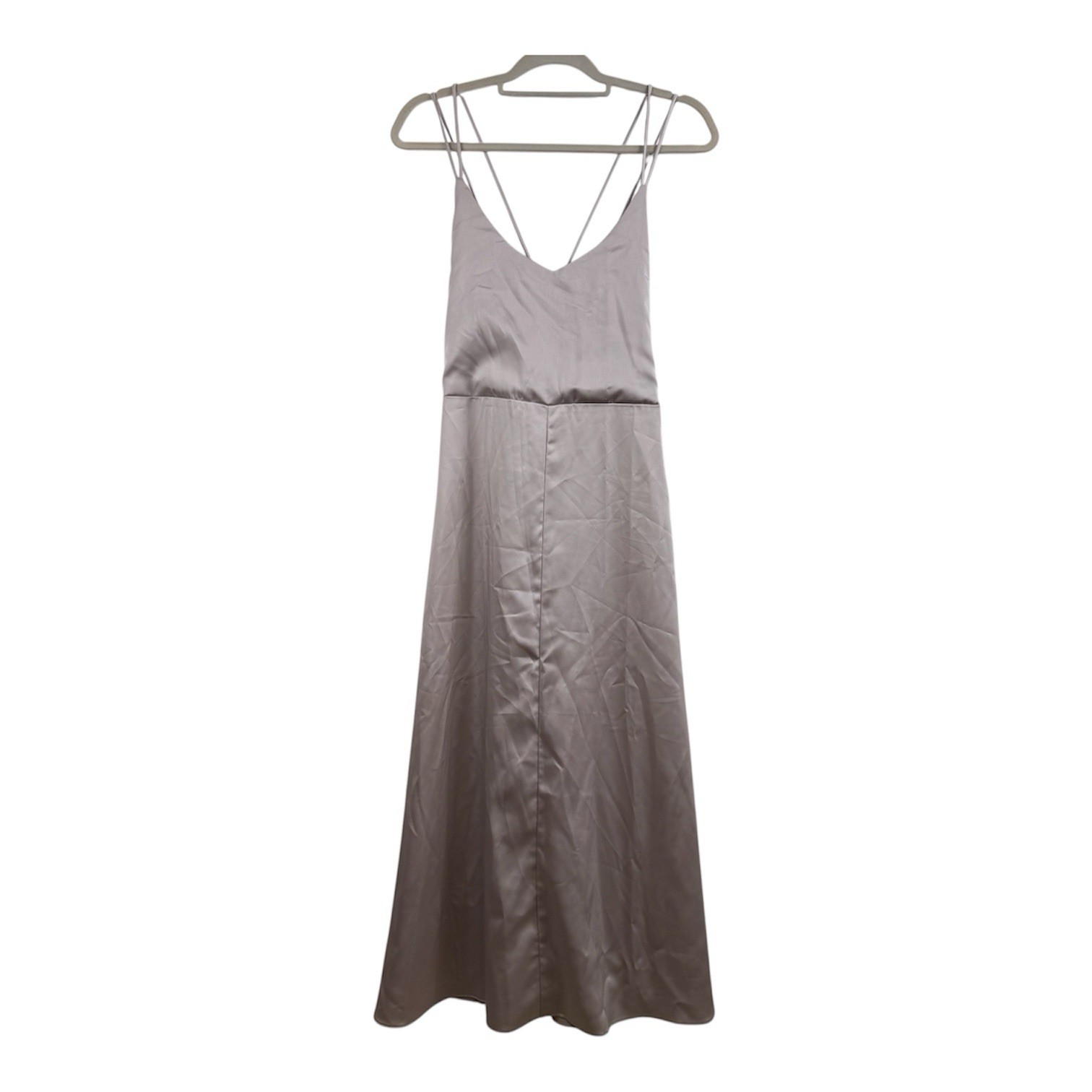 NWT Mod Ref Grey Taupe Eloise Crossback Midi Slip Dress Medium Satin Strappy