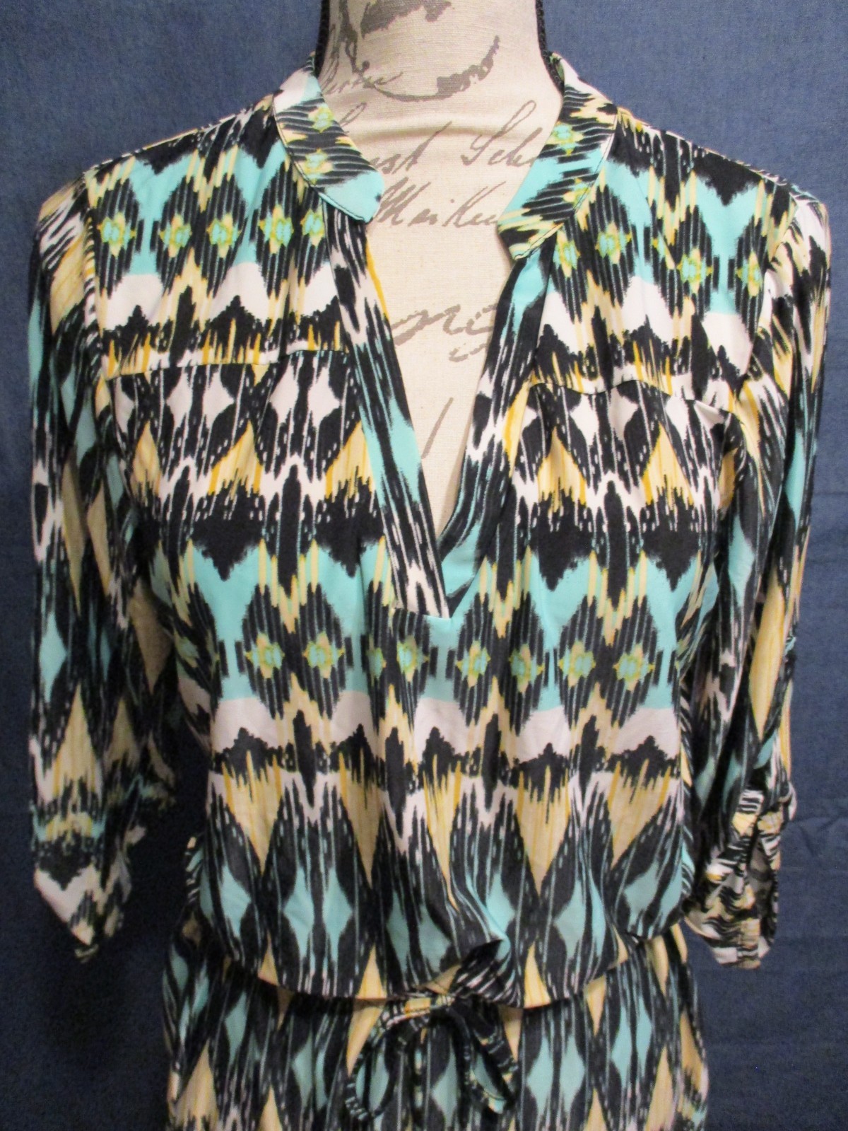 NWT Tacera Aztec Pattern Polyester Roll Tab Sleeved Dress w/Tie Belt Waist Sz. M