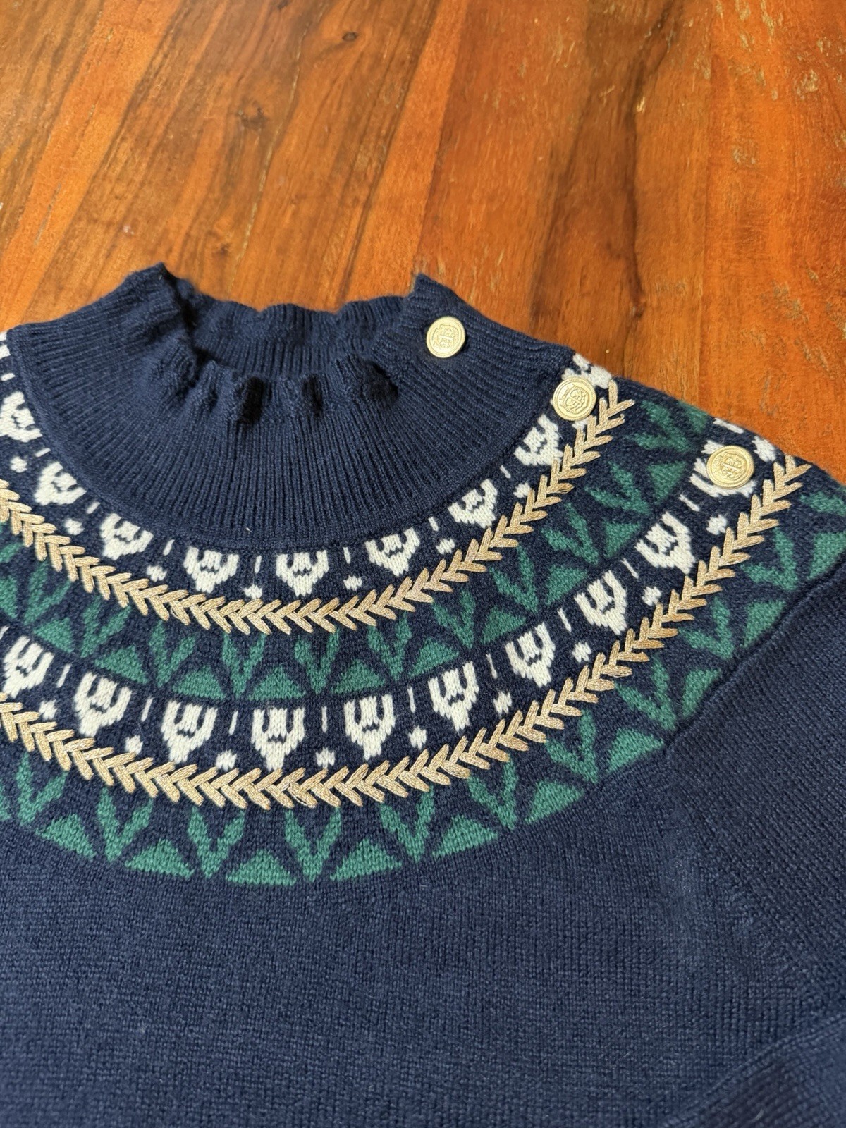 Talbots Fair Isle Embroidered Shift Sweater Dress Navy Fall Fashion Petite Small