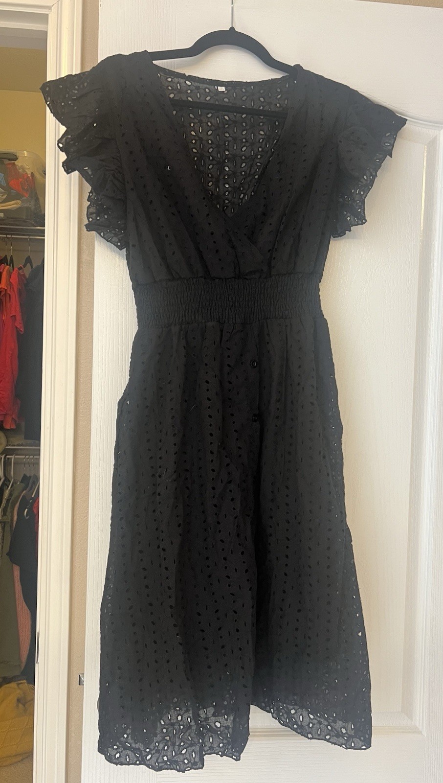 Retro Stage – Black 1940s V-neck Cutout Cotton Smocked Ruffled Dress – Size XXL
