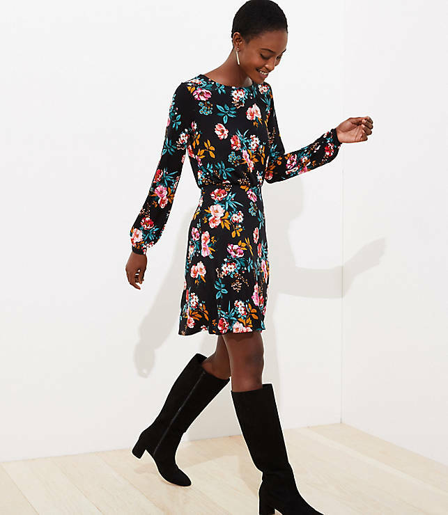 NWT LOFT Women’s Floral Bar Back Flare Dress – Black Multi – Size 2