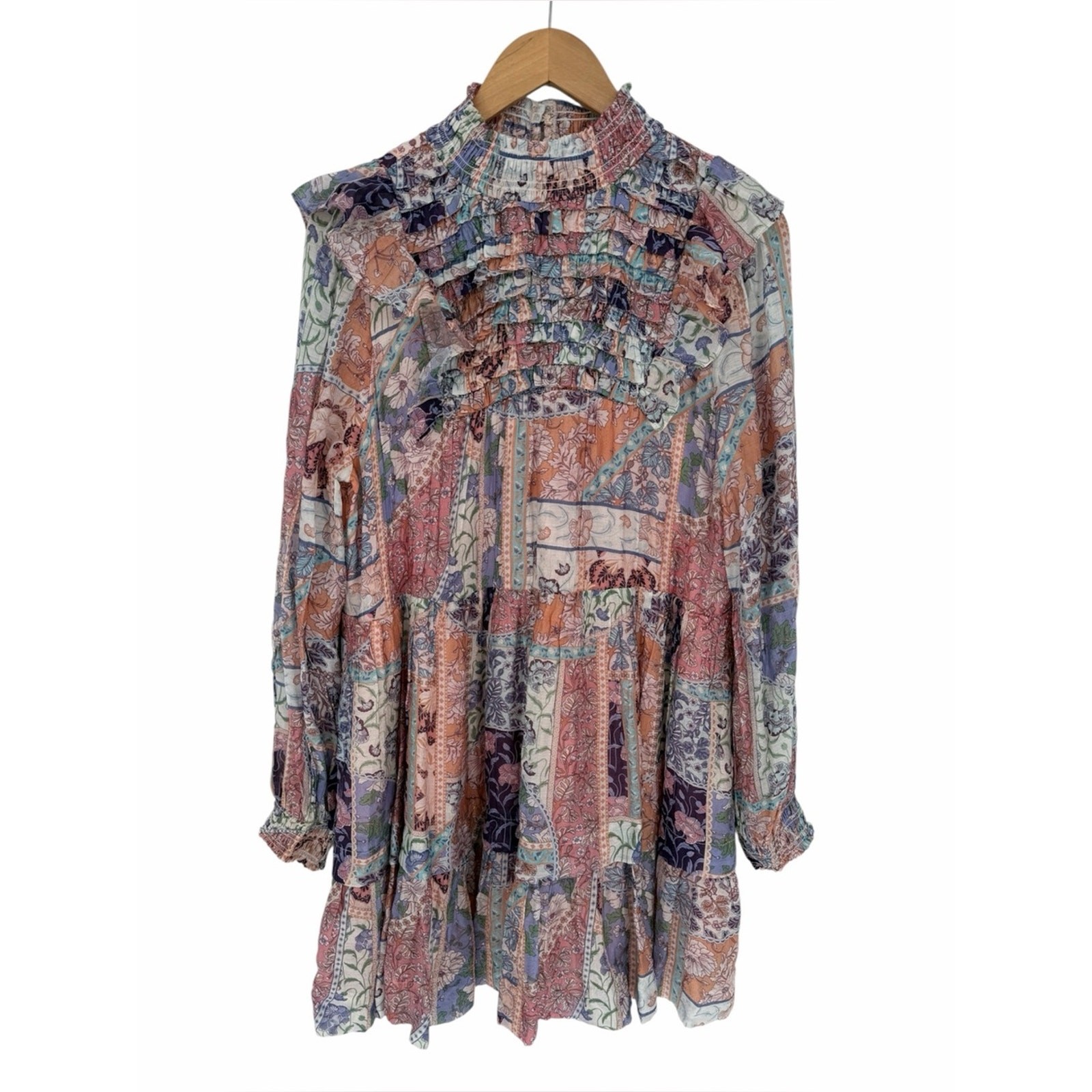Fate Patchwork Ruffle Mock Neck Mini Dress Pink Multi Women’s NWT – Size L
