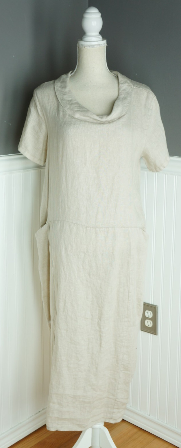 Klasiks Italy 100% Linen Womens M Beige Midi Dress With Pockets