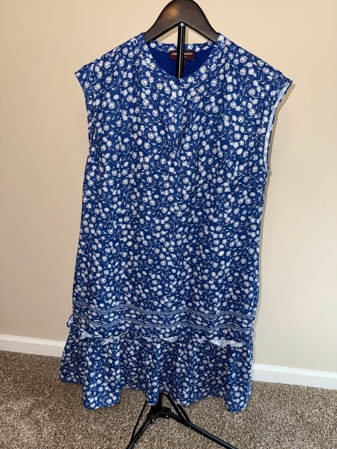 Johnston & Murphy Blue Floral Sleeveless Ruffle Hem Dress