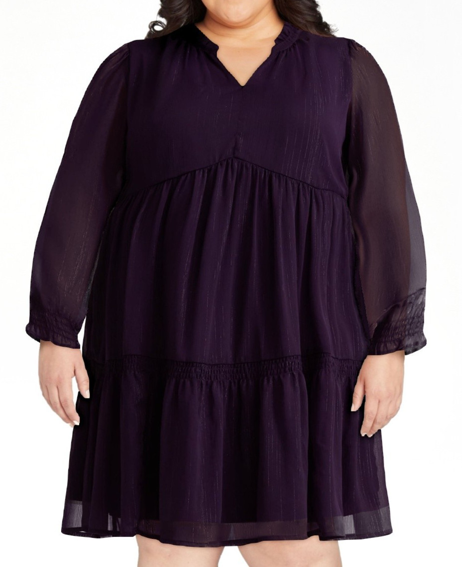 Terra & Sky Womens Dress Sz 2X 20W-22W Aubergine Tiered Mini Long Sleeve Boho