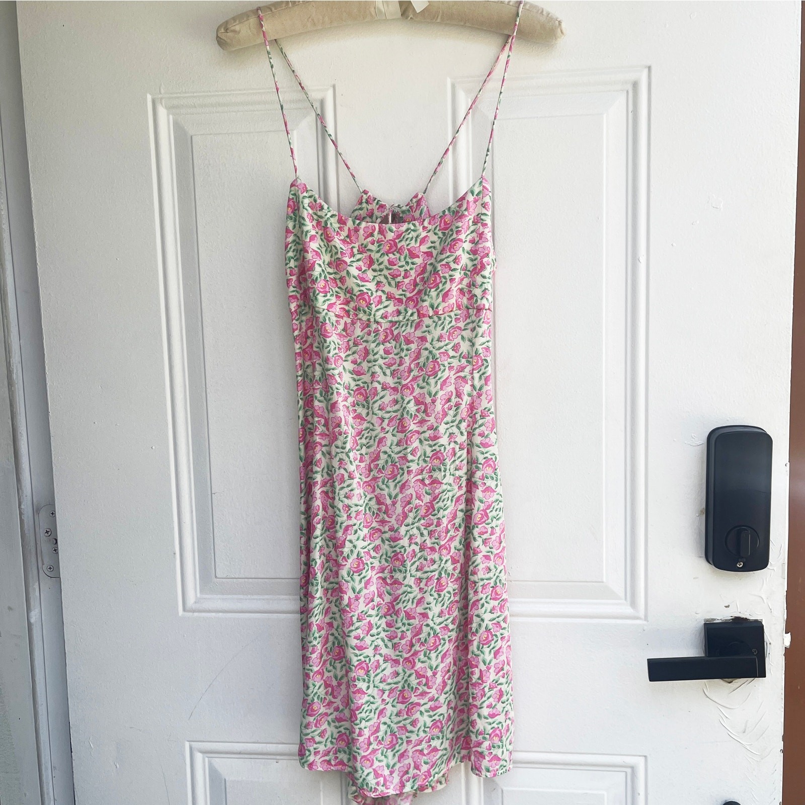 Zara Floral Open Back Mini Dress Pink Green 100% Viscose Tie Back Size XL