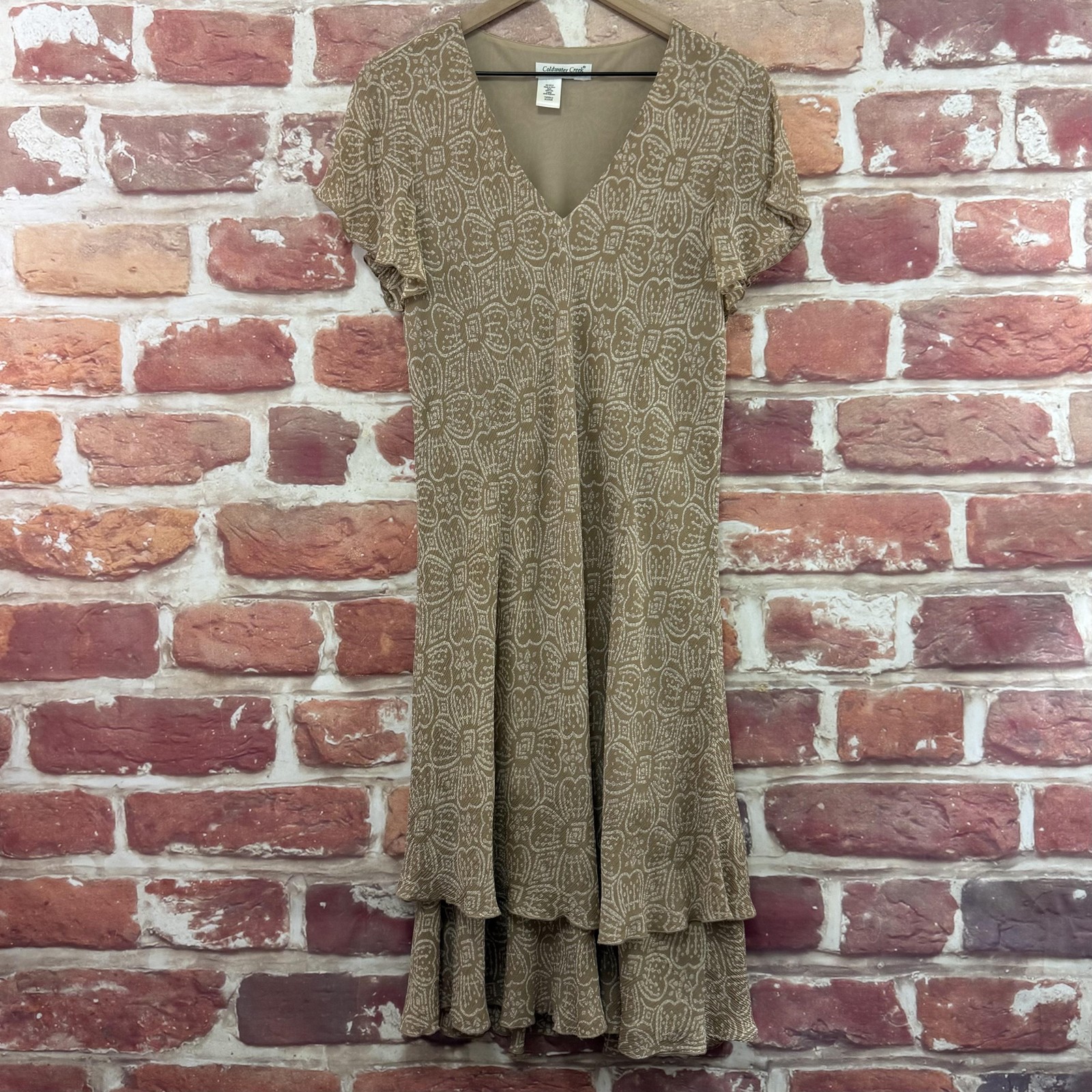 VTG Coldwater Creek Dress Womens 12 Brown Silk Floral Abstract Casual Career