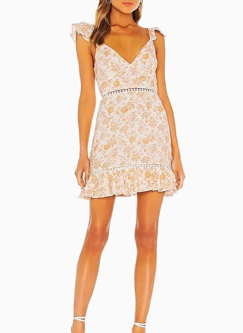 MINKPINK White/Brown Floral V-Neck Sleeveless Lined Cotton Ruffle Mini M