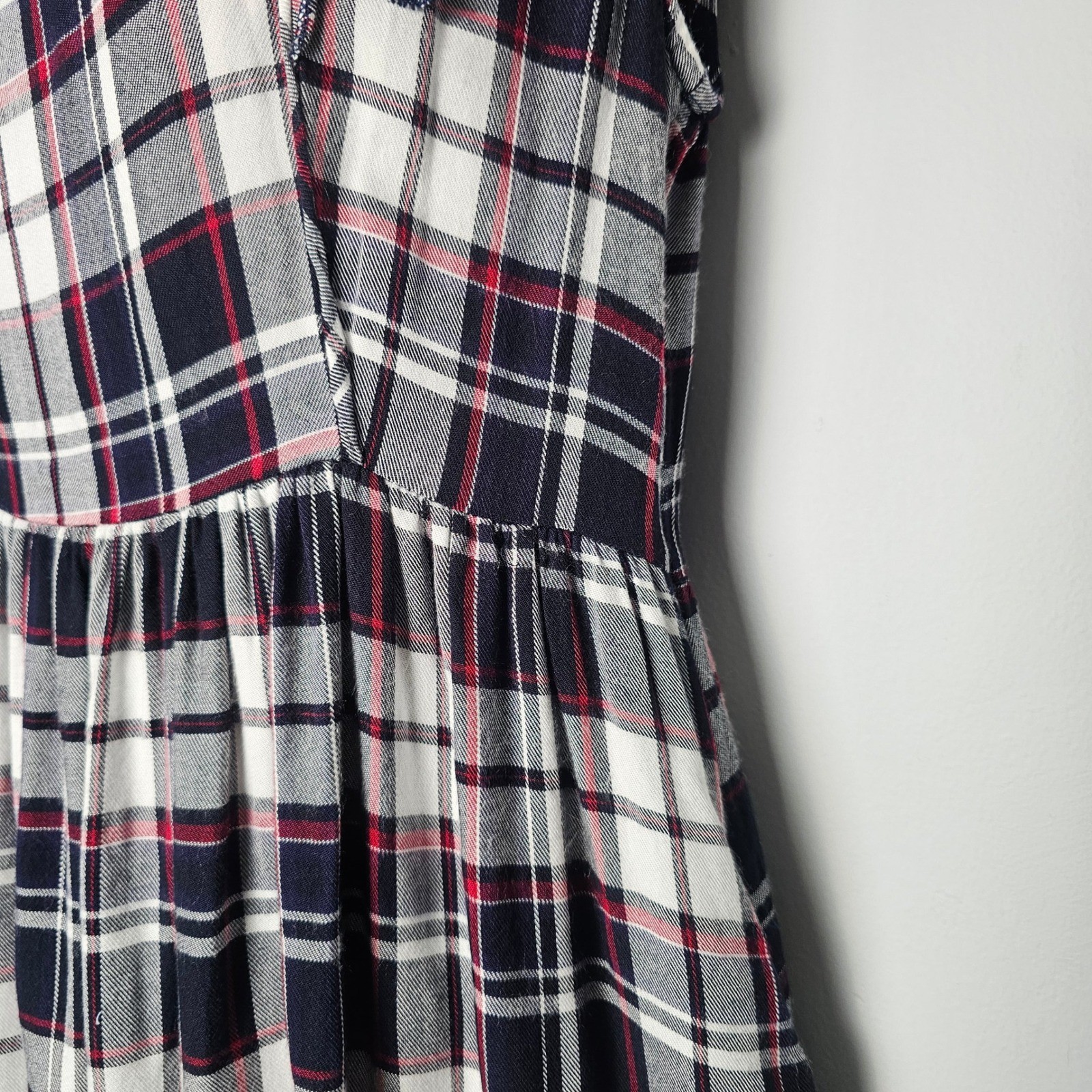 AQUA Plaid Ruffle Tie Neck Mini Dress Women S Red Navy White Rayon Academia Y2K