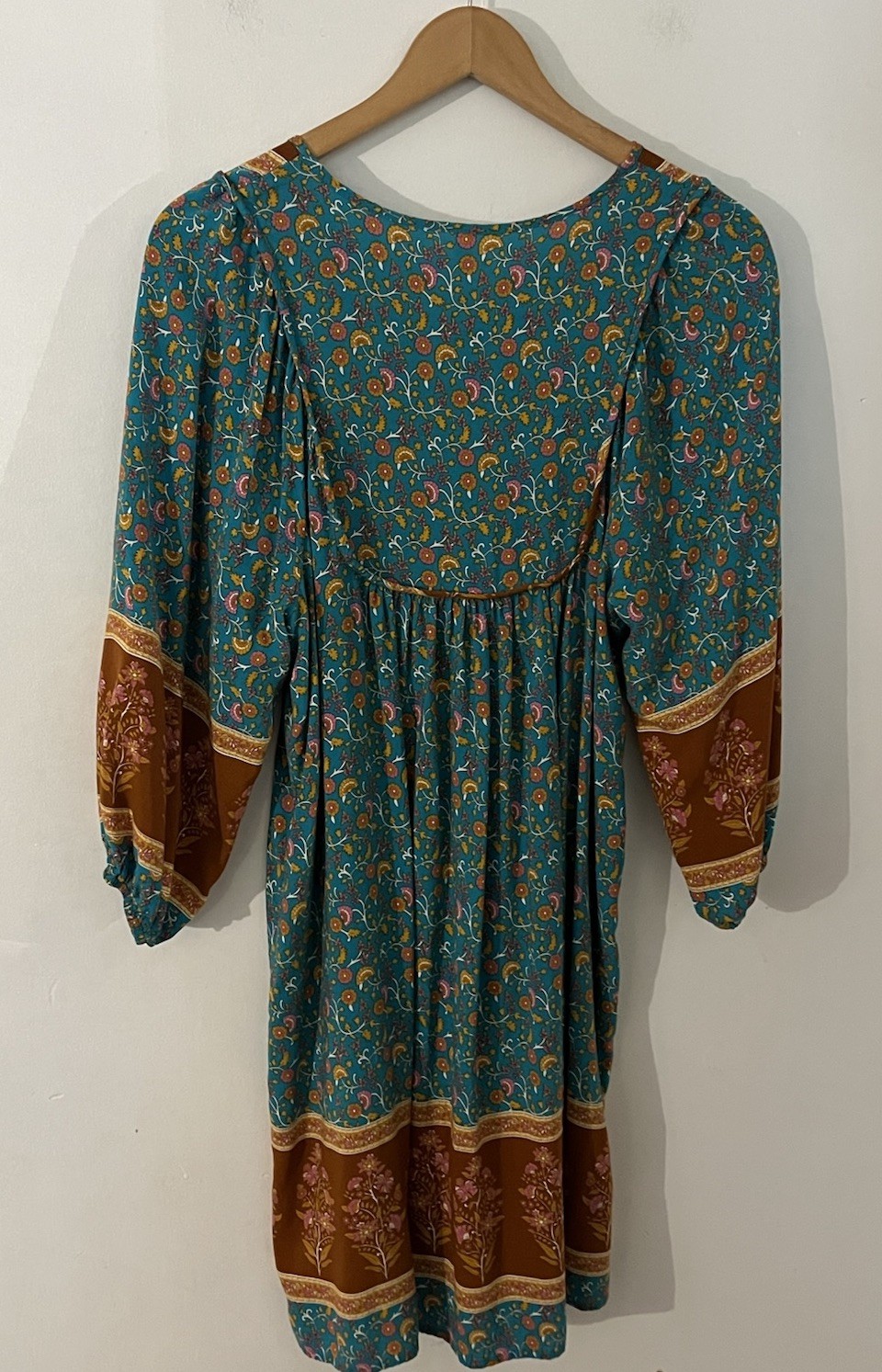 Qearal 100% Rayon Boho Prairie Floral Puff Sleeve Sun Dress Women’s Size Small