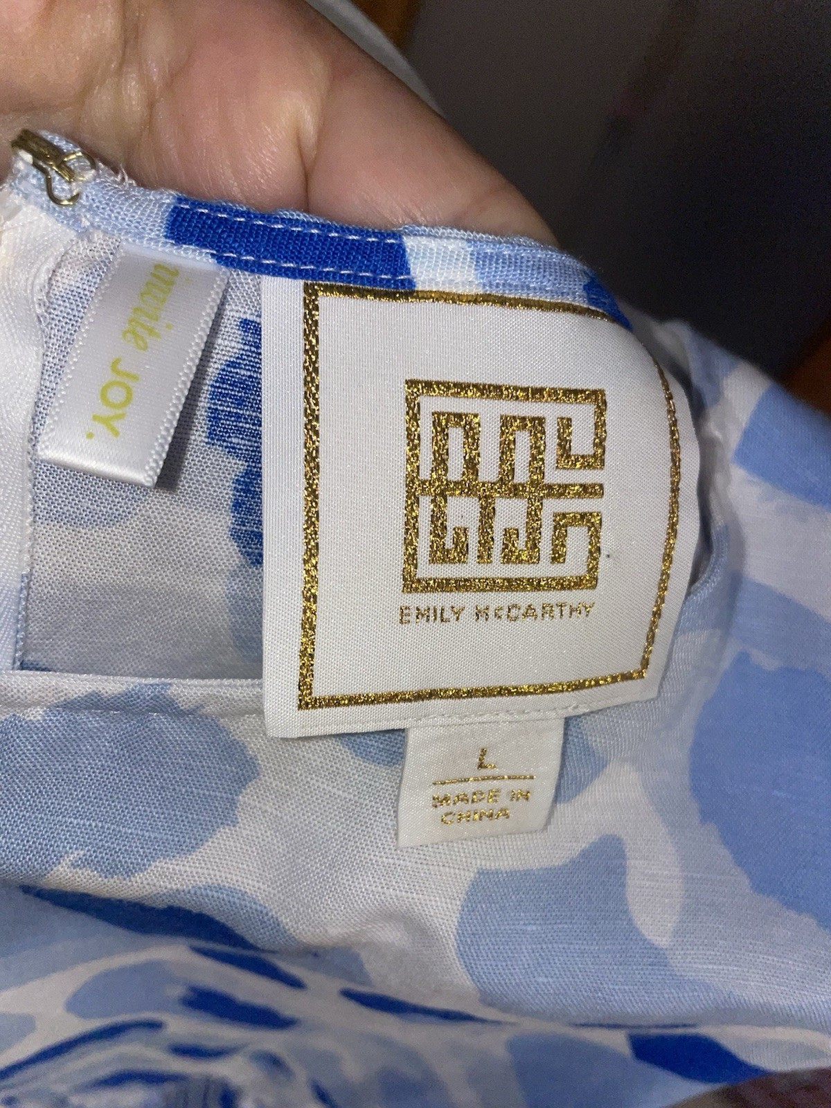 Emily McCarthy women’s blue & white dress invite Joy size large Linen